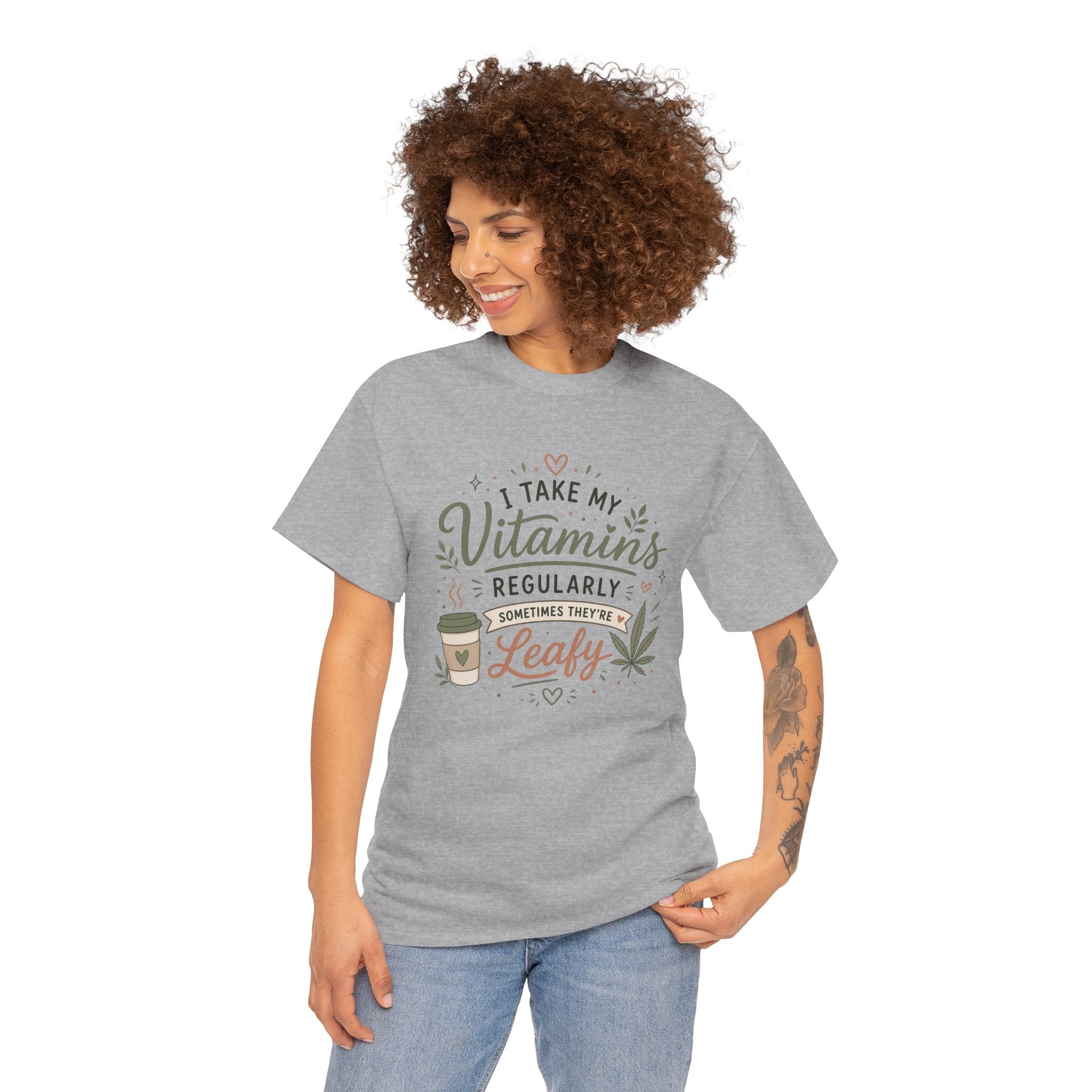 T-Shirt — "I Take My Vitamins Regularly, Sometimes They're Leafy" Funny Cannabis Coffee Tee