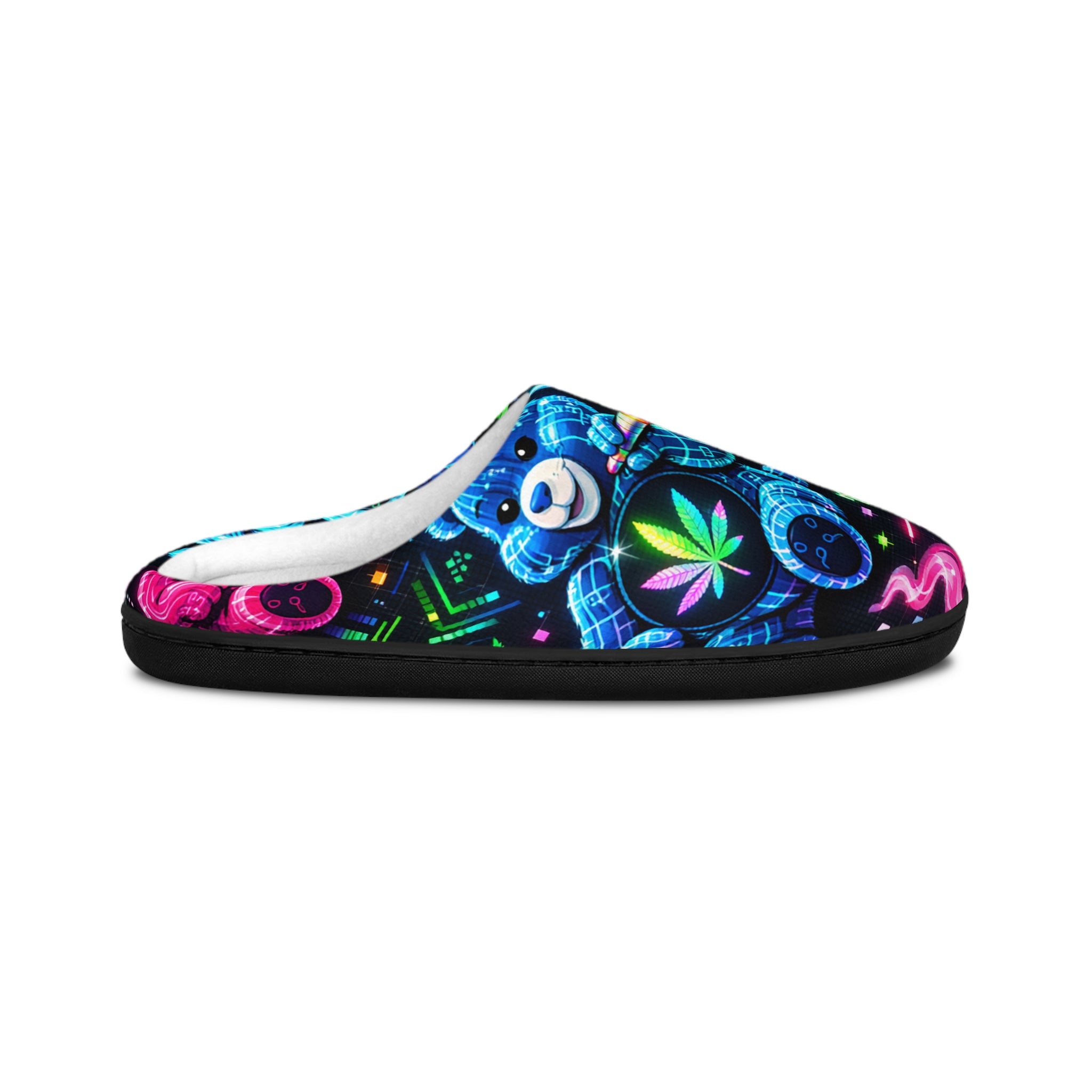 Women's Neon Cannabis Slippers — Cozy Indoor Slide with Psychedelic Bear Design