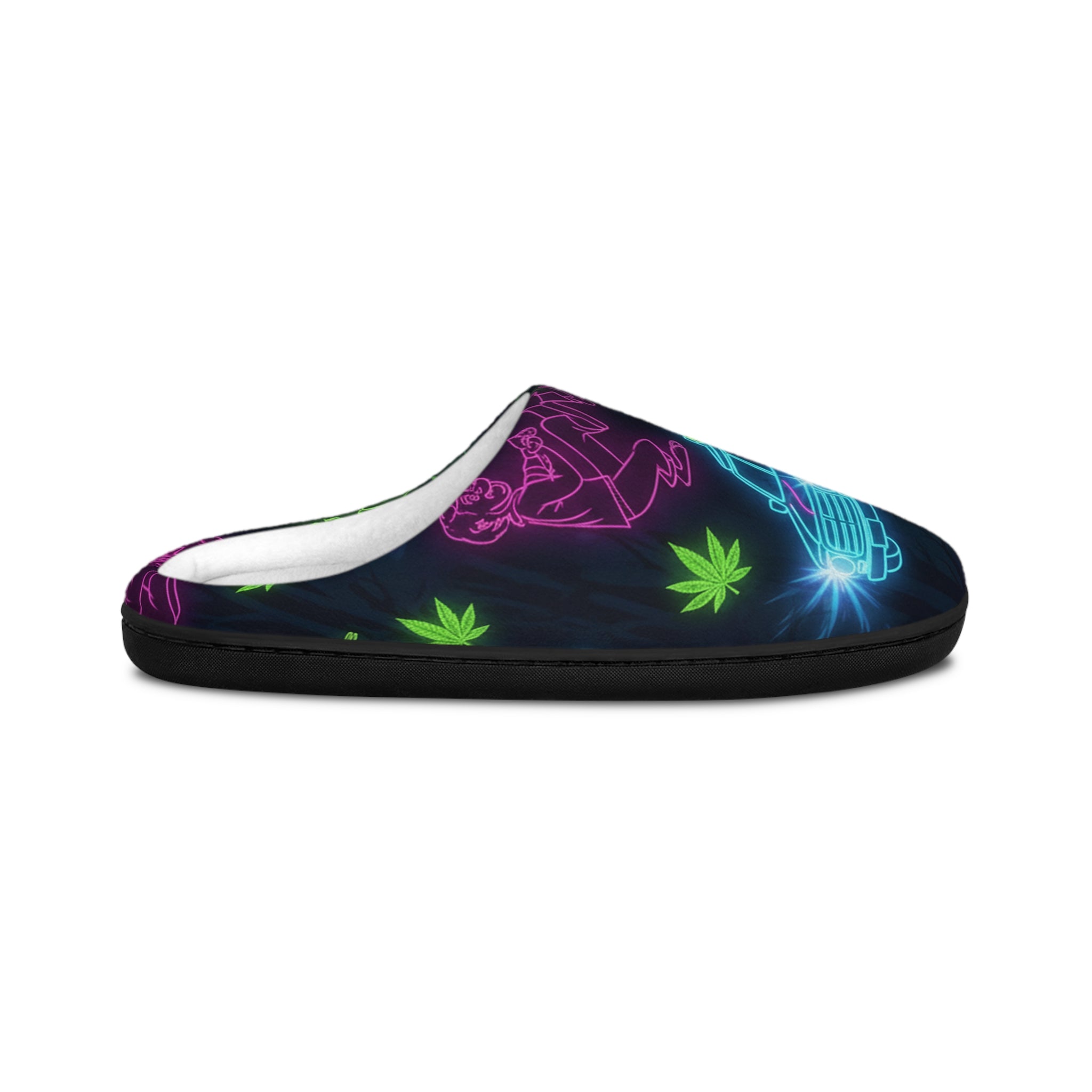 Neon Retro Drive Indoor Slippers — Women's Cozy House Shoes with Neon Car & Palm Print