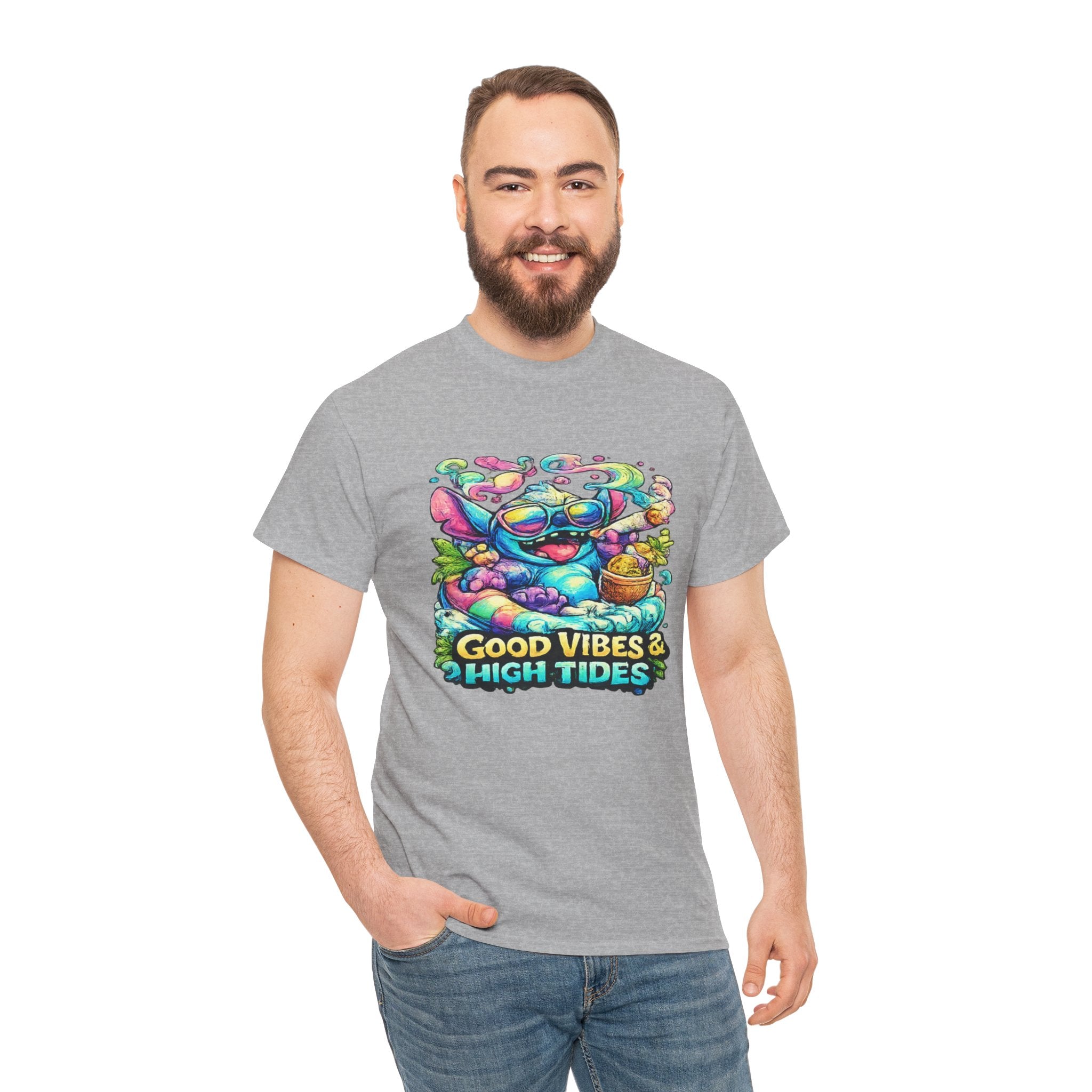 T-Shirt — "Good Vibes & High Tides" Colorful Surf Shark Graphic Tee