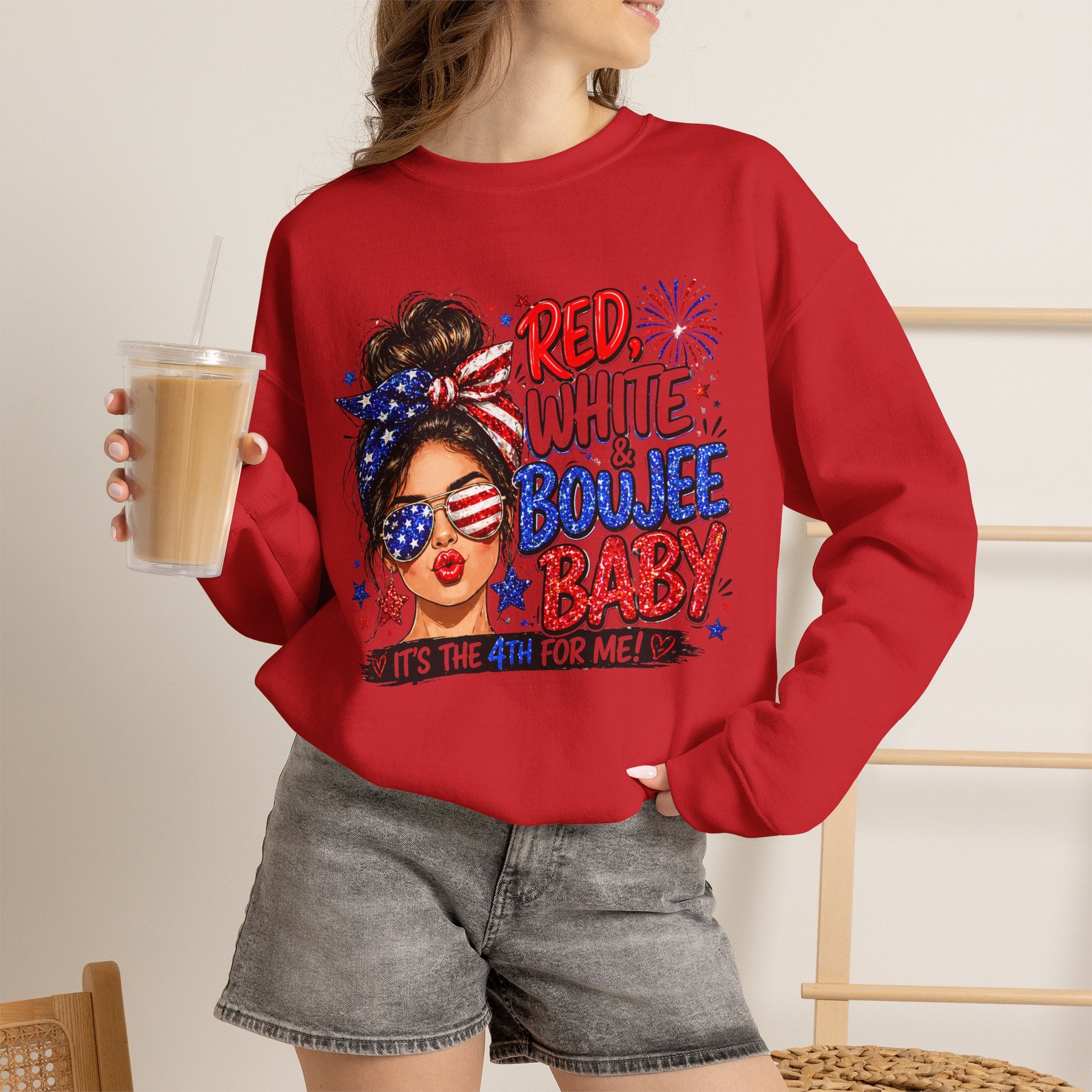 Crewneck Sweatshirt — "Red White Boujee Baby" Patriotic Women's 4th of July Graphic