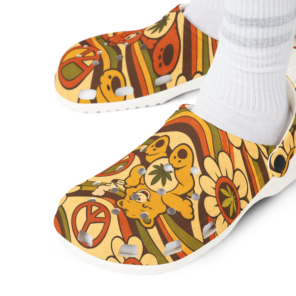 Retro Flower Power EVA Clogs — 70s Peace Sign Floral Slip-On Shoes