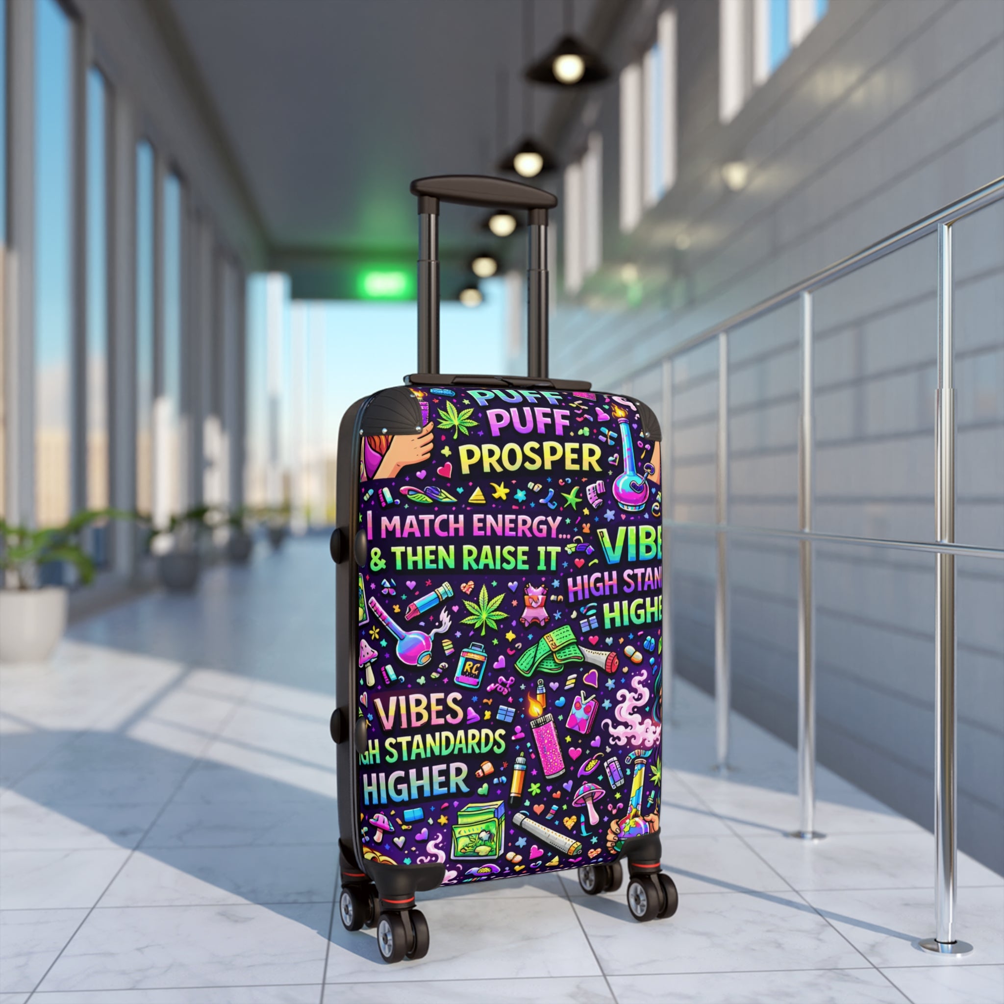 Suitcase - "Puff Prosper" Neon Travel Carry-On with Vibe & Good Energy Design