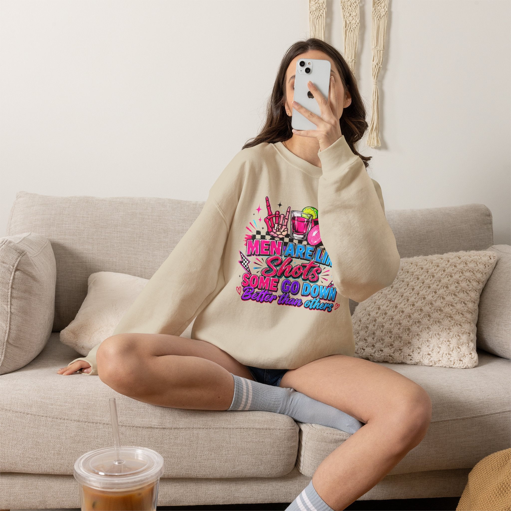 Crewneck Sweatshirt — "Men Are Like Shots" Retro Neon Cocktail Graphic