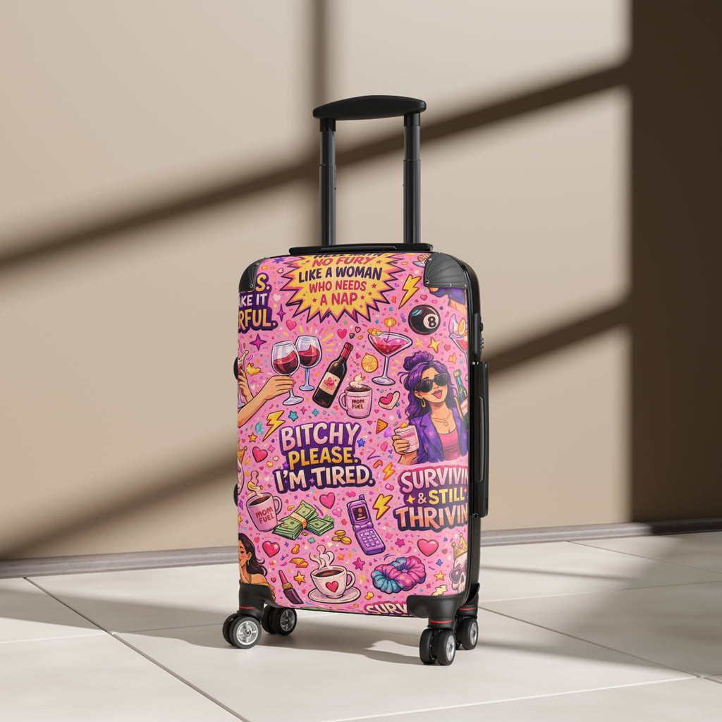 Pink Sassy Travel Suitcase – "Bitchy, Please I'm Tired" Patterned Carry-On