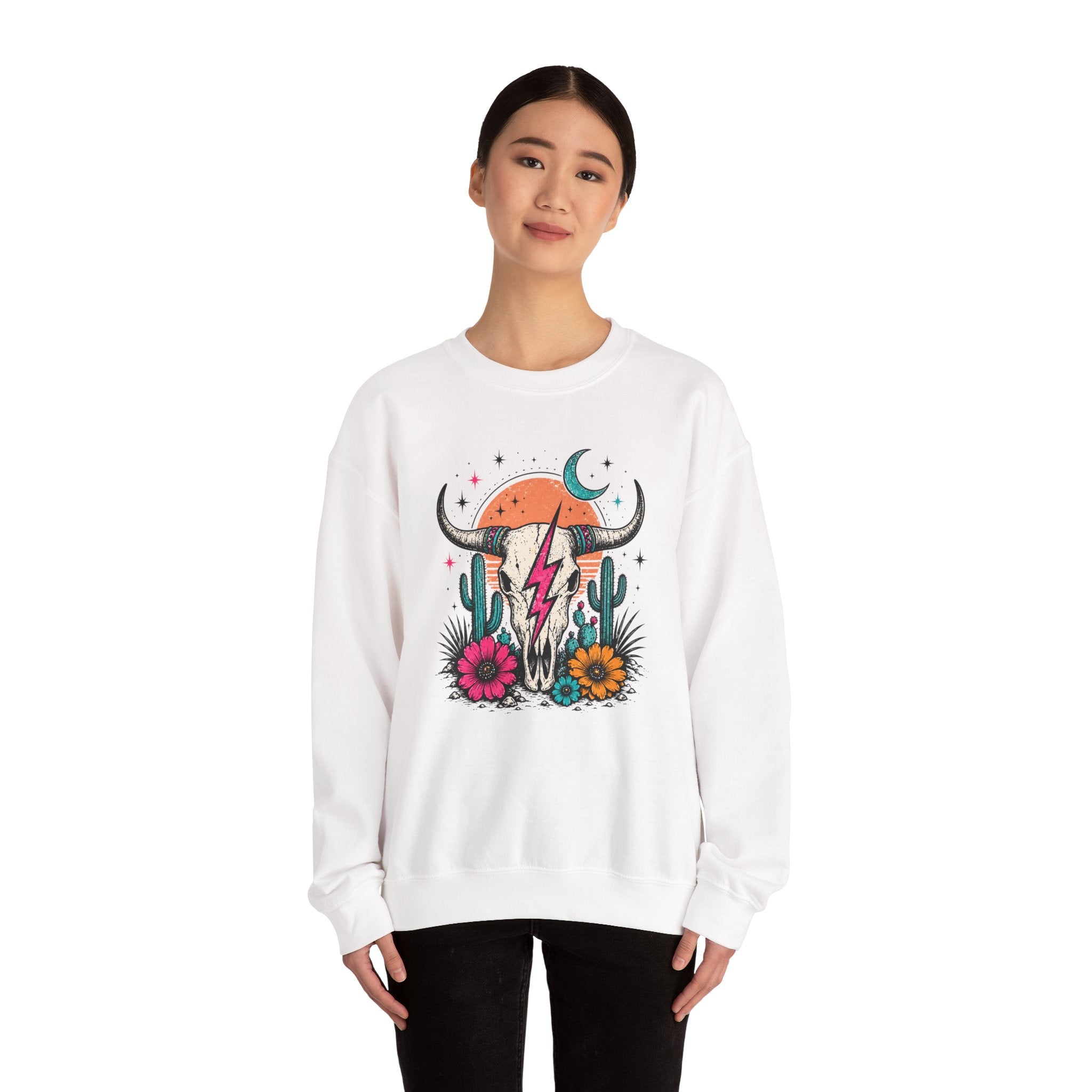 Southwest Skull Crewneck Sweatshirt — Desert Cactus Lightning Graphic