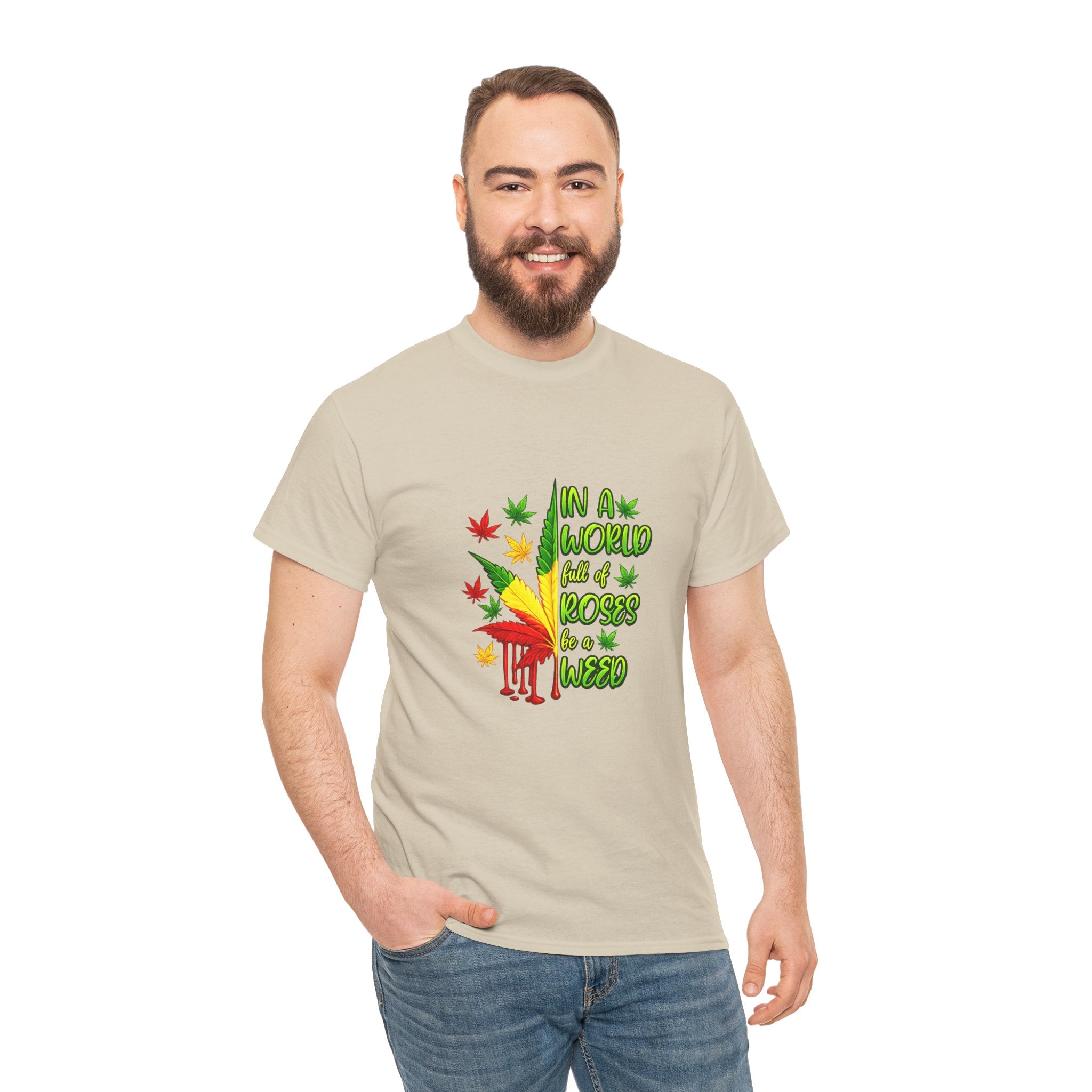 T-Shirt — "In A World Where Mosses Rule" Colorful Mushroom & Leaf Graphic