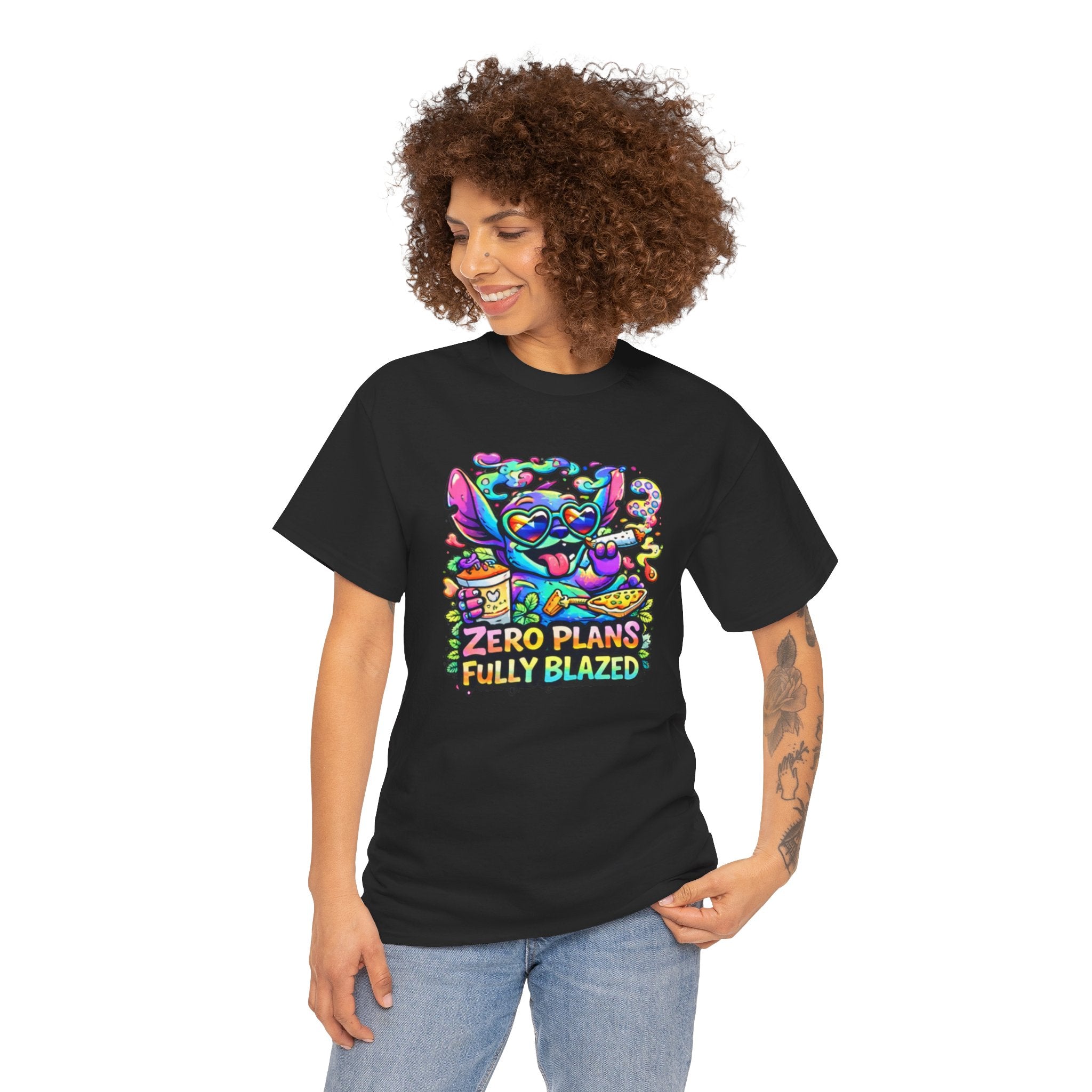 Zero Plans Fully Blazed Tee — Colorful Stoner Cat Graphic T-Shirt