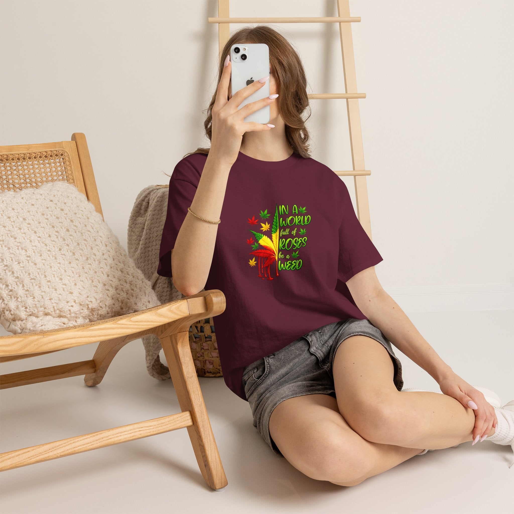T-Shirt — "In A World Where Mosses Rule" Colorful Mushroom & Leaf Graphic