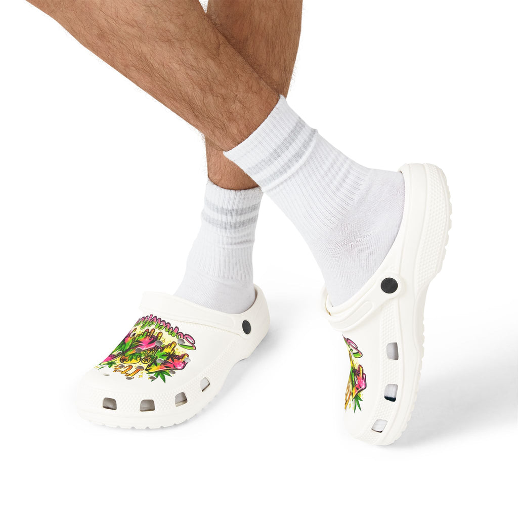 White EVA Foam Clogs — 'It’s 4:20 Somewhere' Tropical Cannabis Graphic