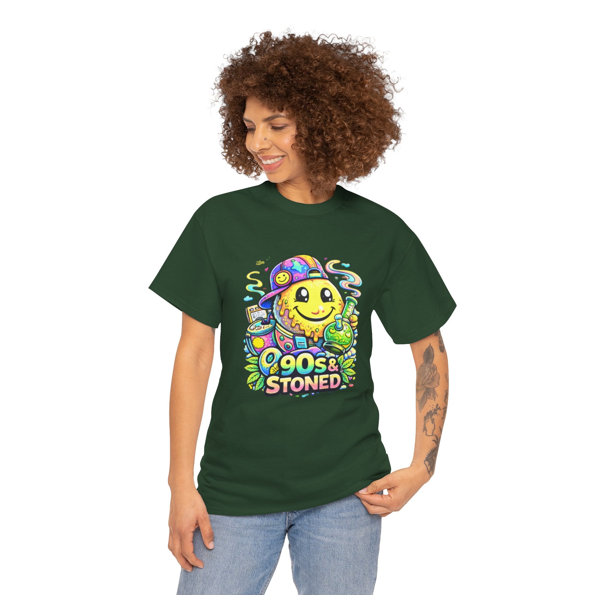 90s & Stoned Smiley Tee — Retro Vaporwave Cannabis Graphic T-Shirt