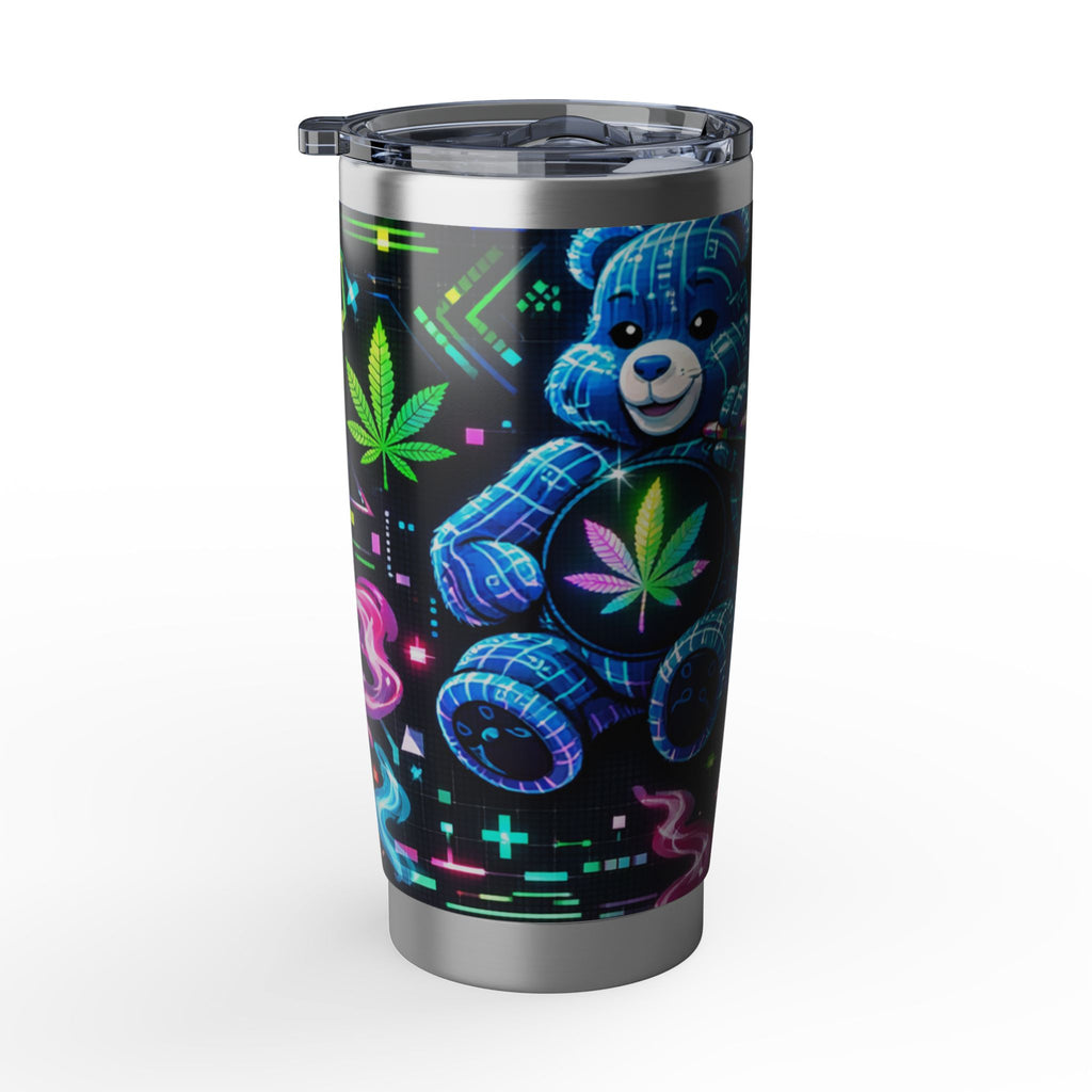 Neon Psychedelic Bear 20oz Tumbler — Vaporwave Travel Cup with Retro Cannabis Art