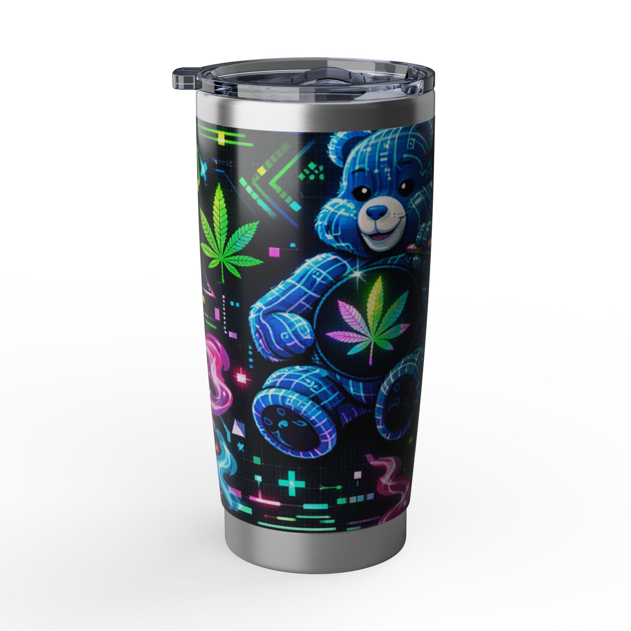 Neon Psychedelic Bear 20oz Tumbler — Vaporwave Travel Cup with Retro Cannabis Art