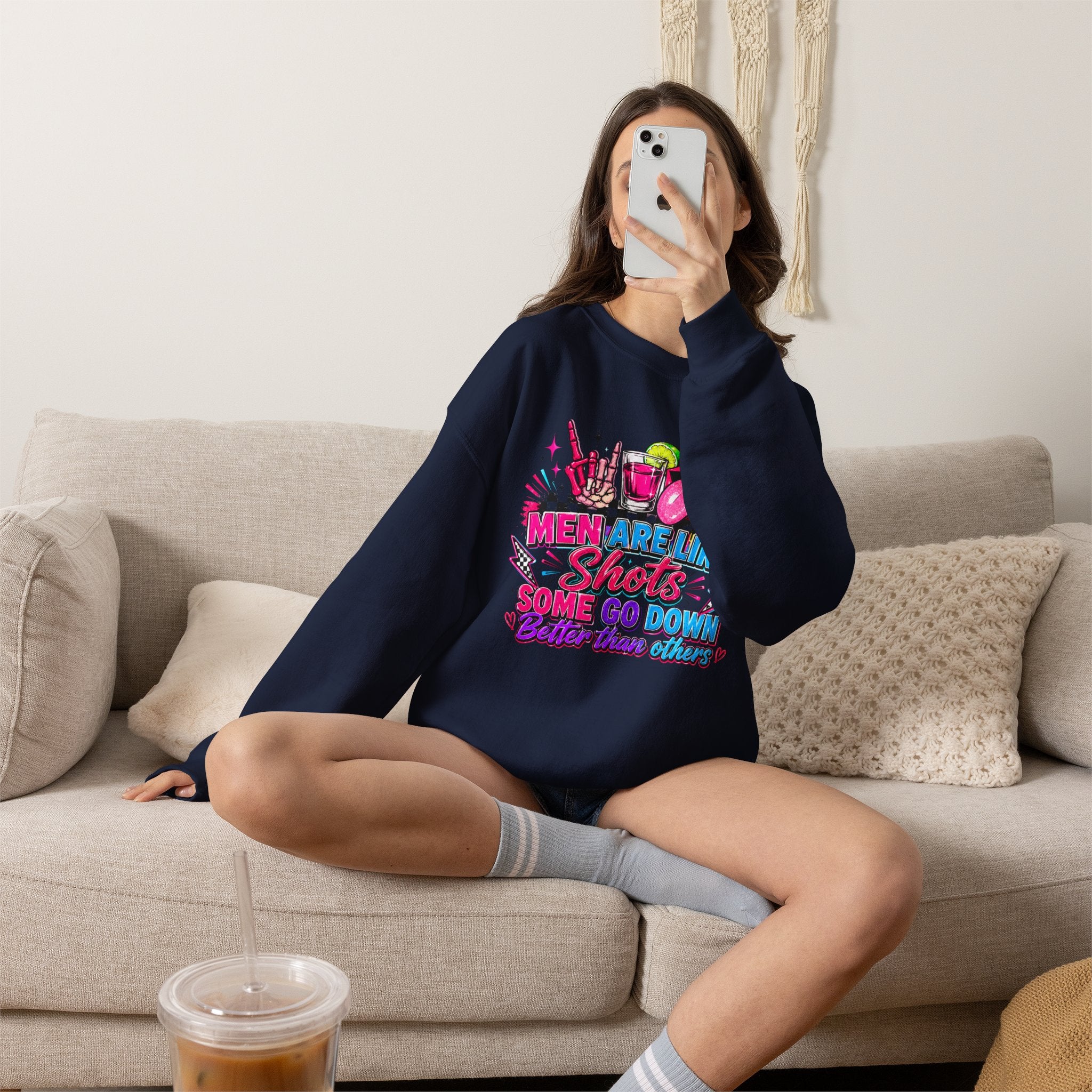 Crewneck Sweatshirt — "Men Are Like Shots" Retro Neon Cocktail Graphic