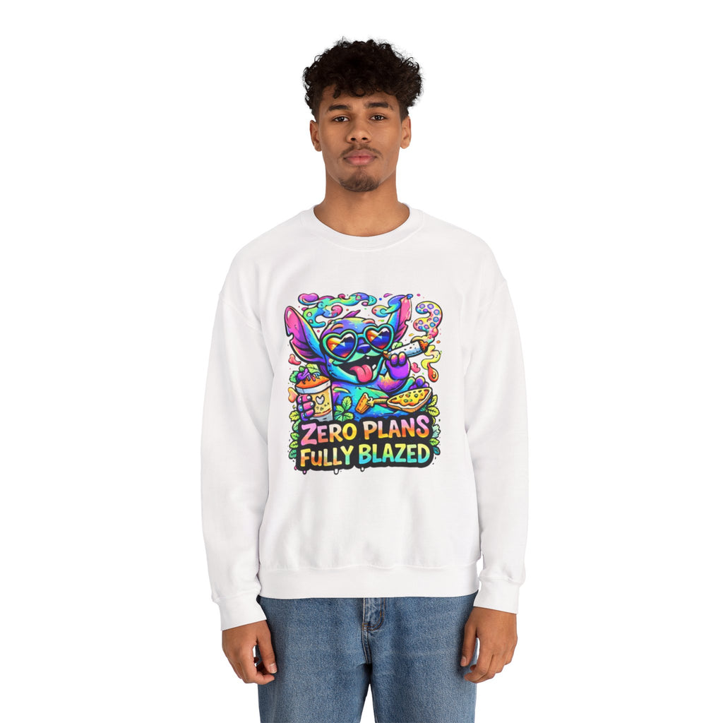 Crewneck Sweatshirt — "Zero Plans Fully Blazed" Colorful Stoner Cartoon Graphic