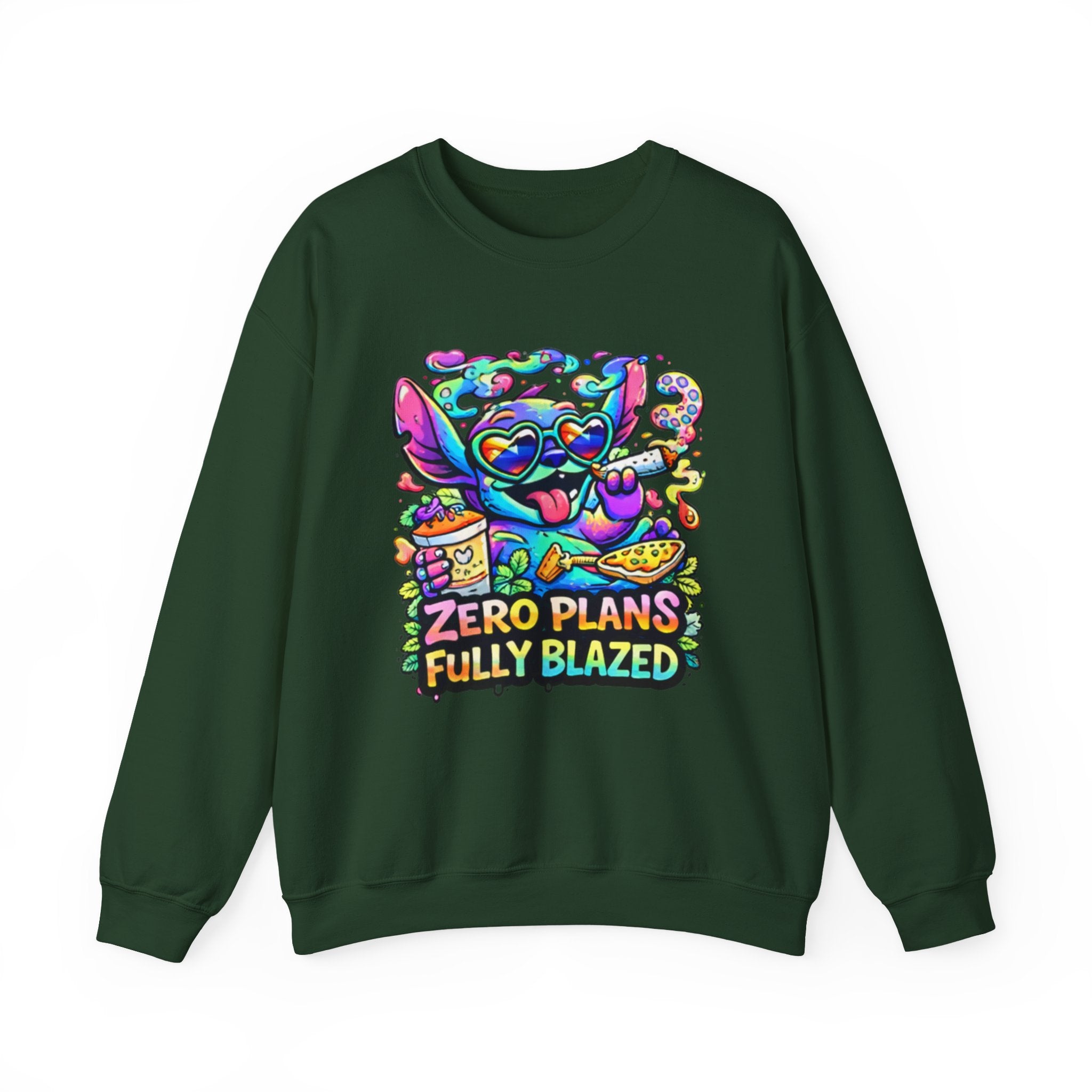 Crewneck Sweatshirt — "Zero Plans Fully Blazed" Colorful Stoner Cartoon Graphic