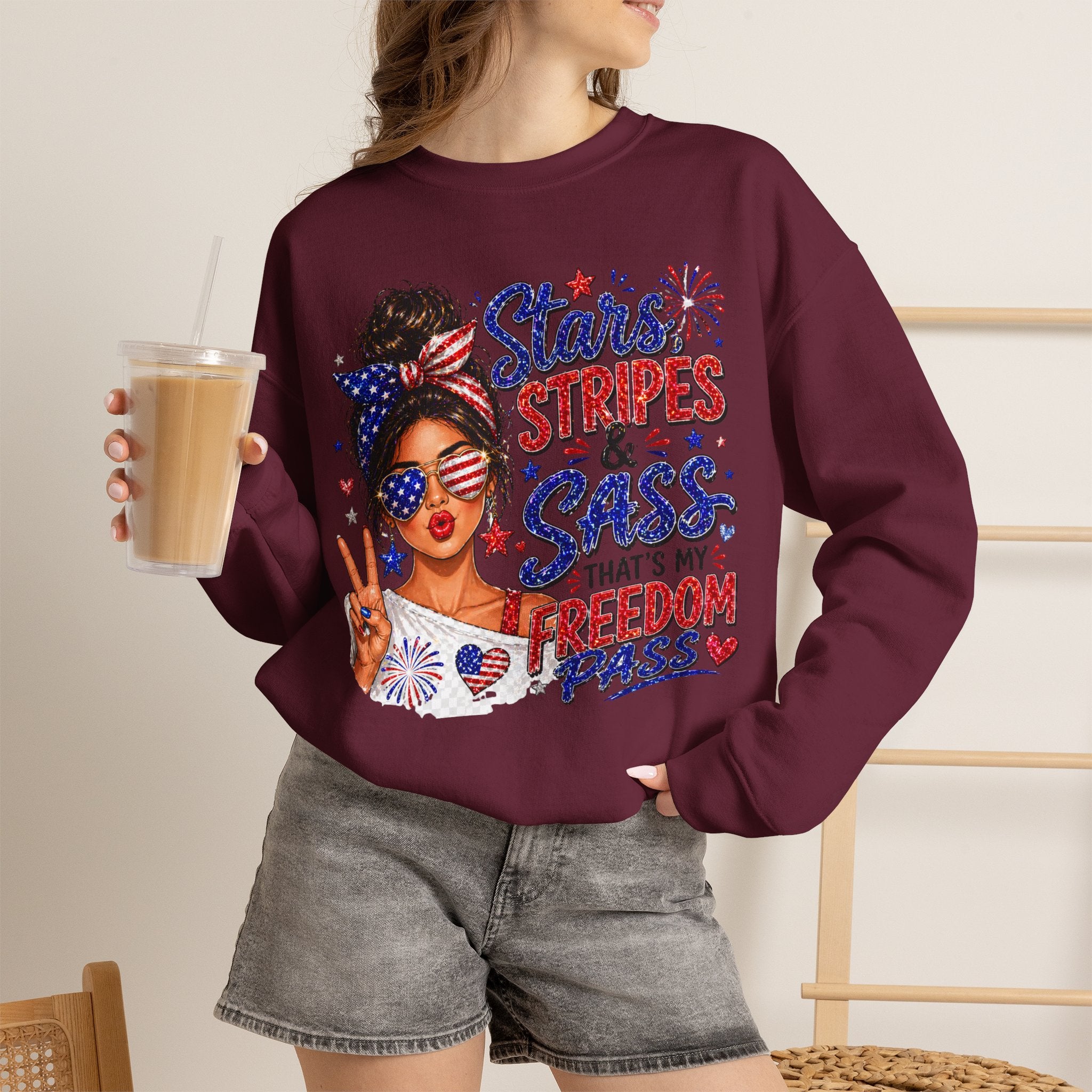 Patriotic 'Stars, Stripes & Sass' Crewneck Sweatshirt – 4th of July Freedom Pass Graphic