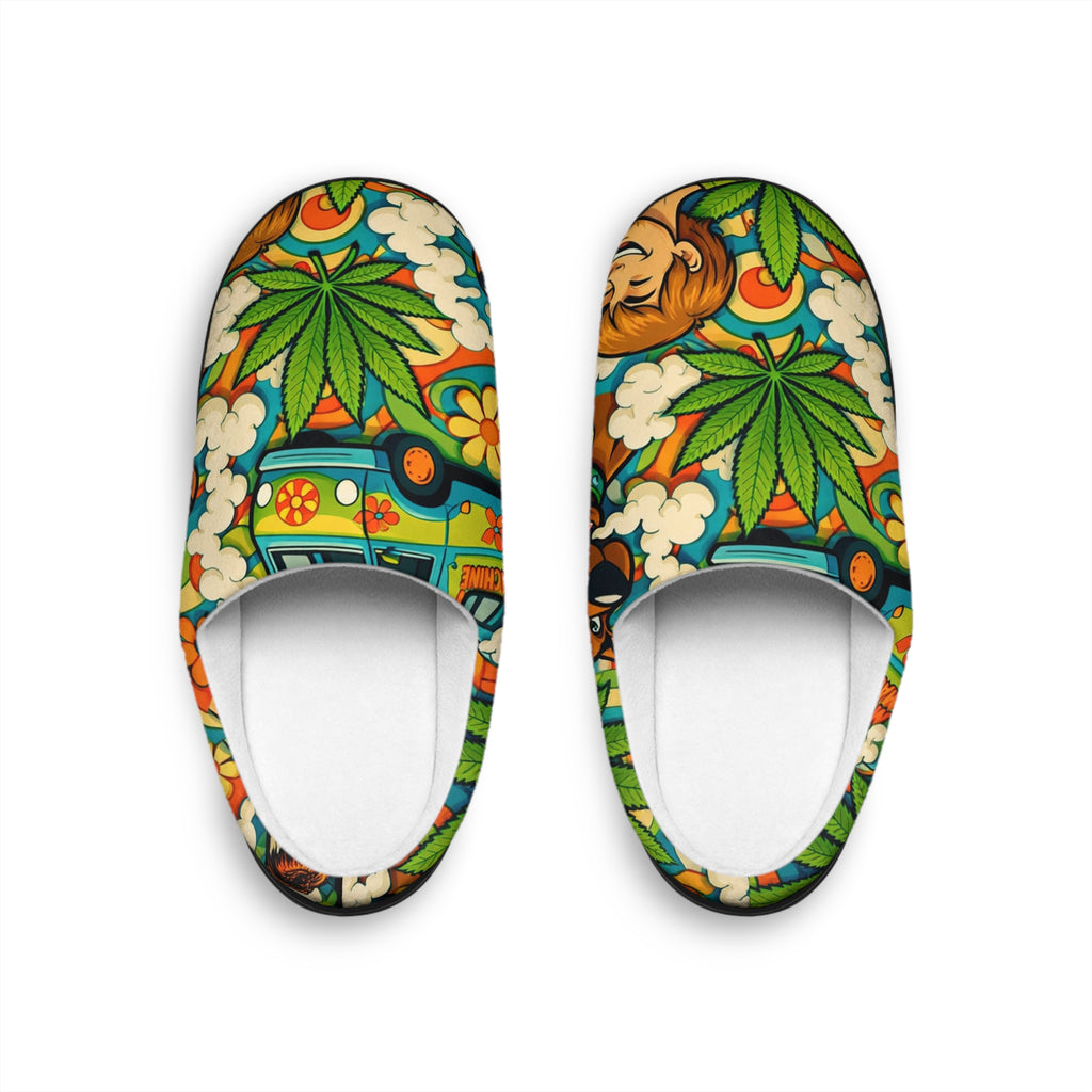 Psychedelic Floral Camper Indoor Slippers — Retro Hippie Van & Cannabis Leaf Print