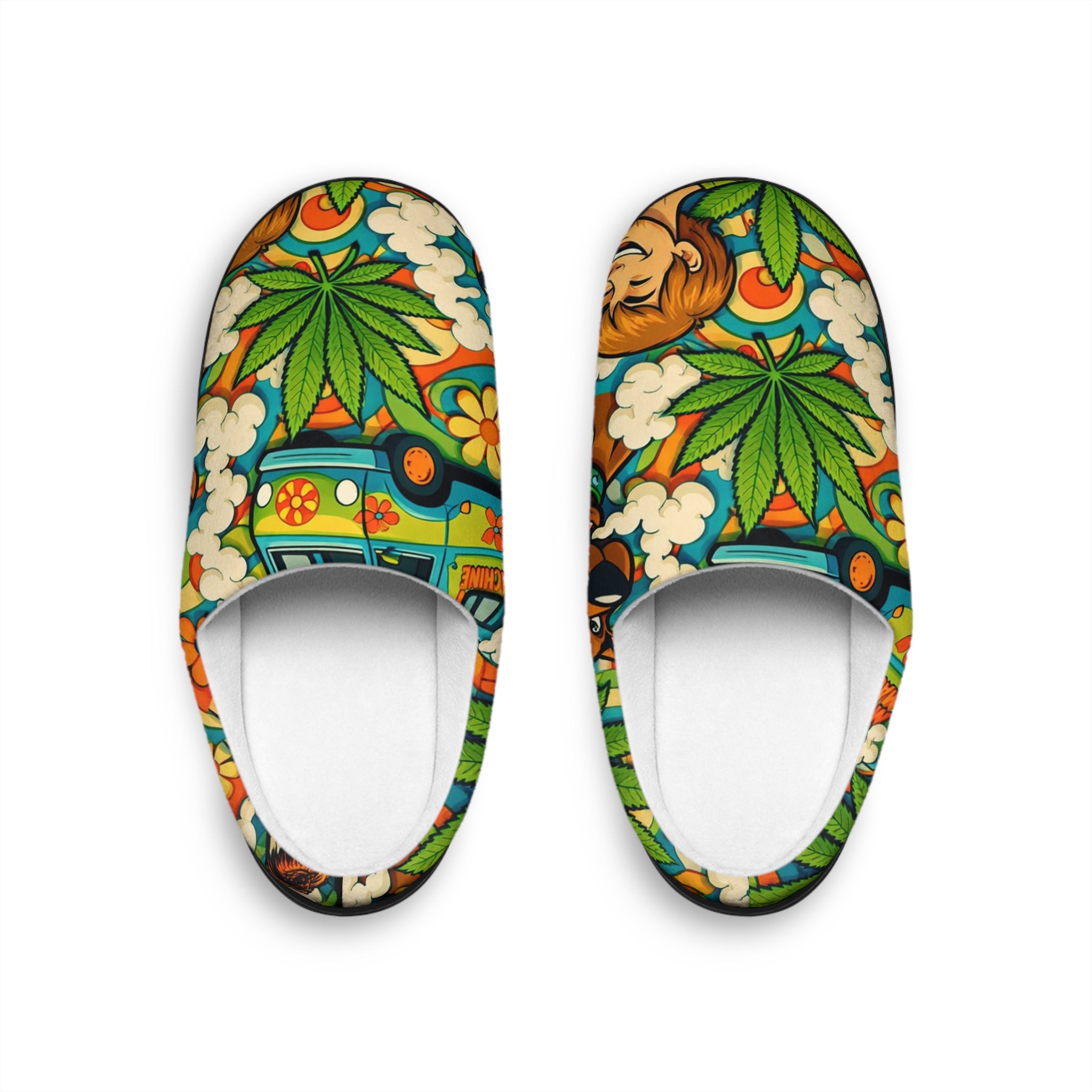 Psychedelic Floral Camper Indoor Slippers — Retro Hippie Van & Cannabis Leaf Print