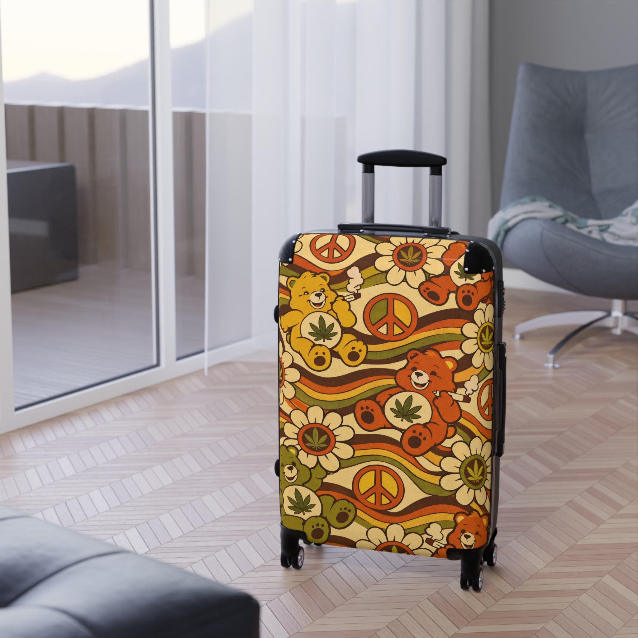 Retro Peace Bear Suitcase – 70s Floral & Peace Sign Luggage