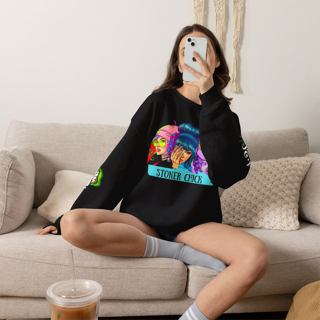 Stoner Chicks Crewneck Sweatshirt — Retro Cannabis Graphic