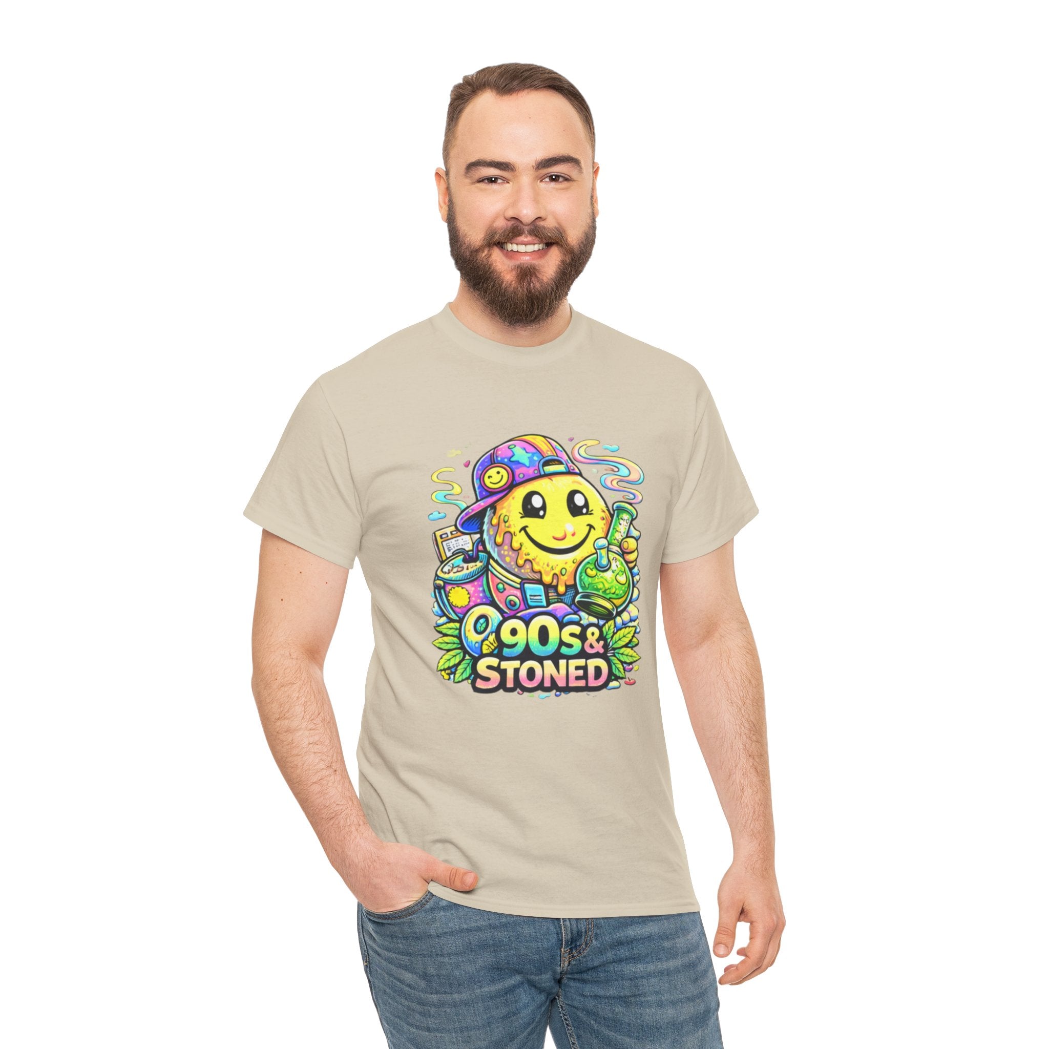90s & Stoned Smiley Tee — Retro Vaporwave Cannabis Graphic T-Shirt