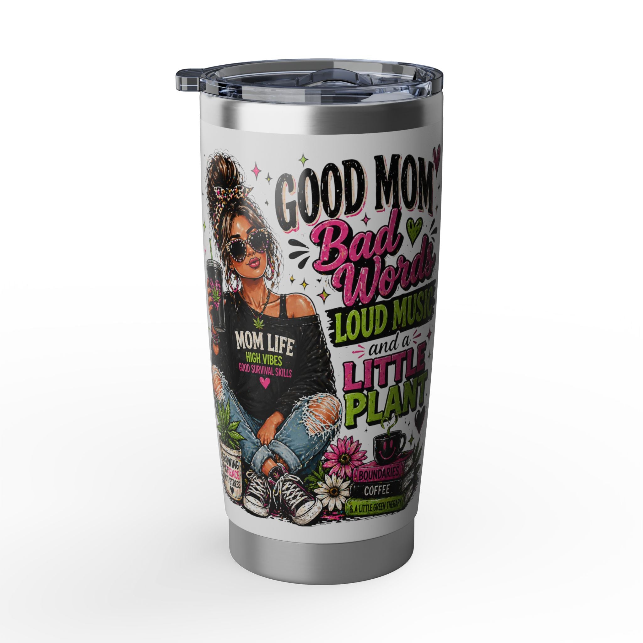 Mom Life 20oz Tumbler – 'Mom with Coffee, Plants & Music' Insulated Travel Cup