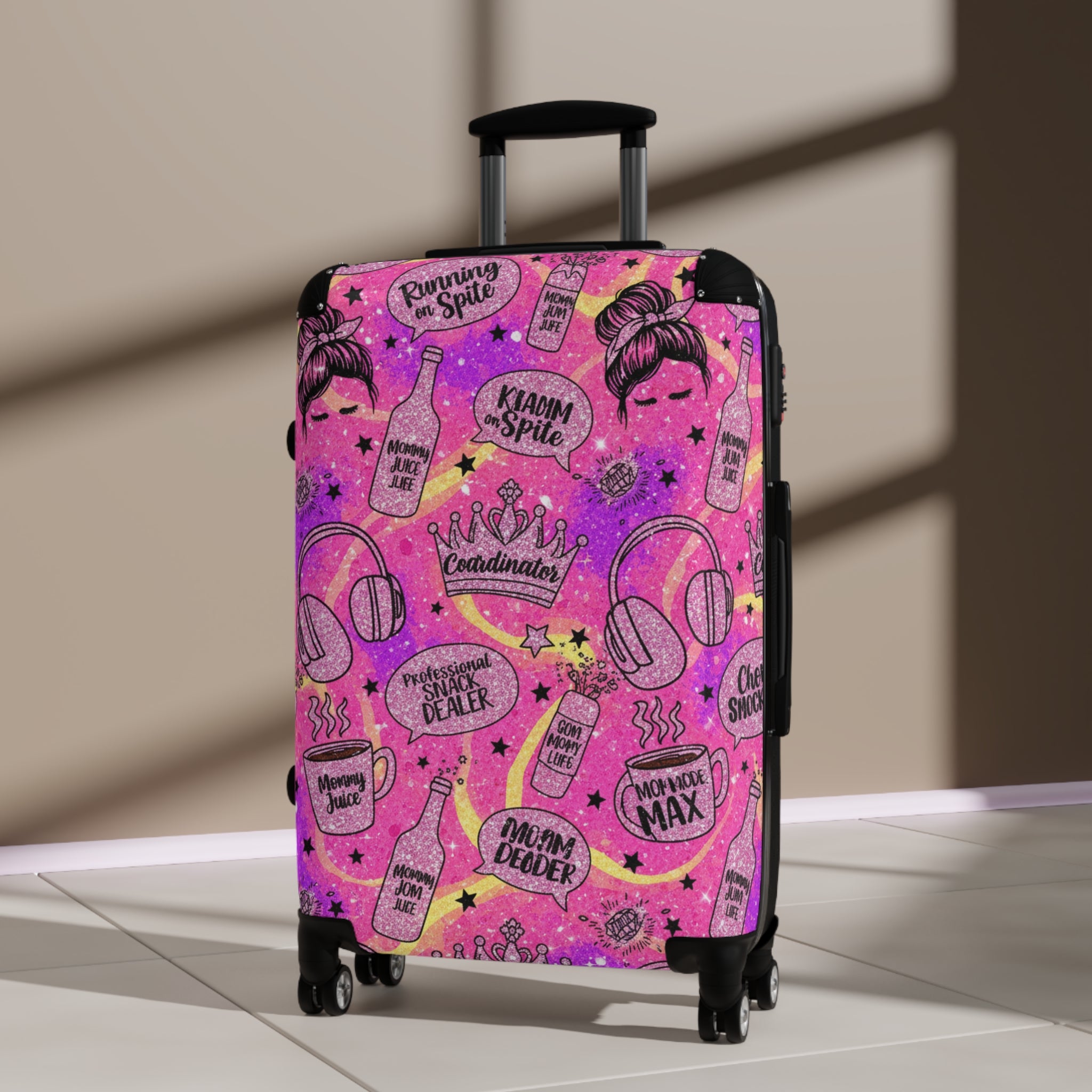 Pink Glam Travel Suitcase Cover – 'Vacay Mode' Cosmetic & Cocktail Pattern