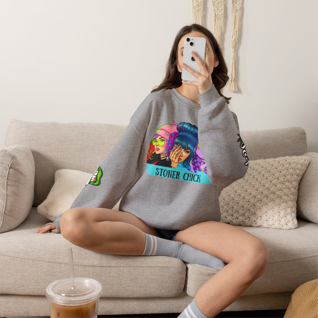 Stoner Chicks Crewneck Sweatshirt — Retro Cannabis Graphic