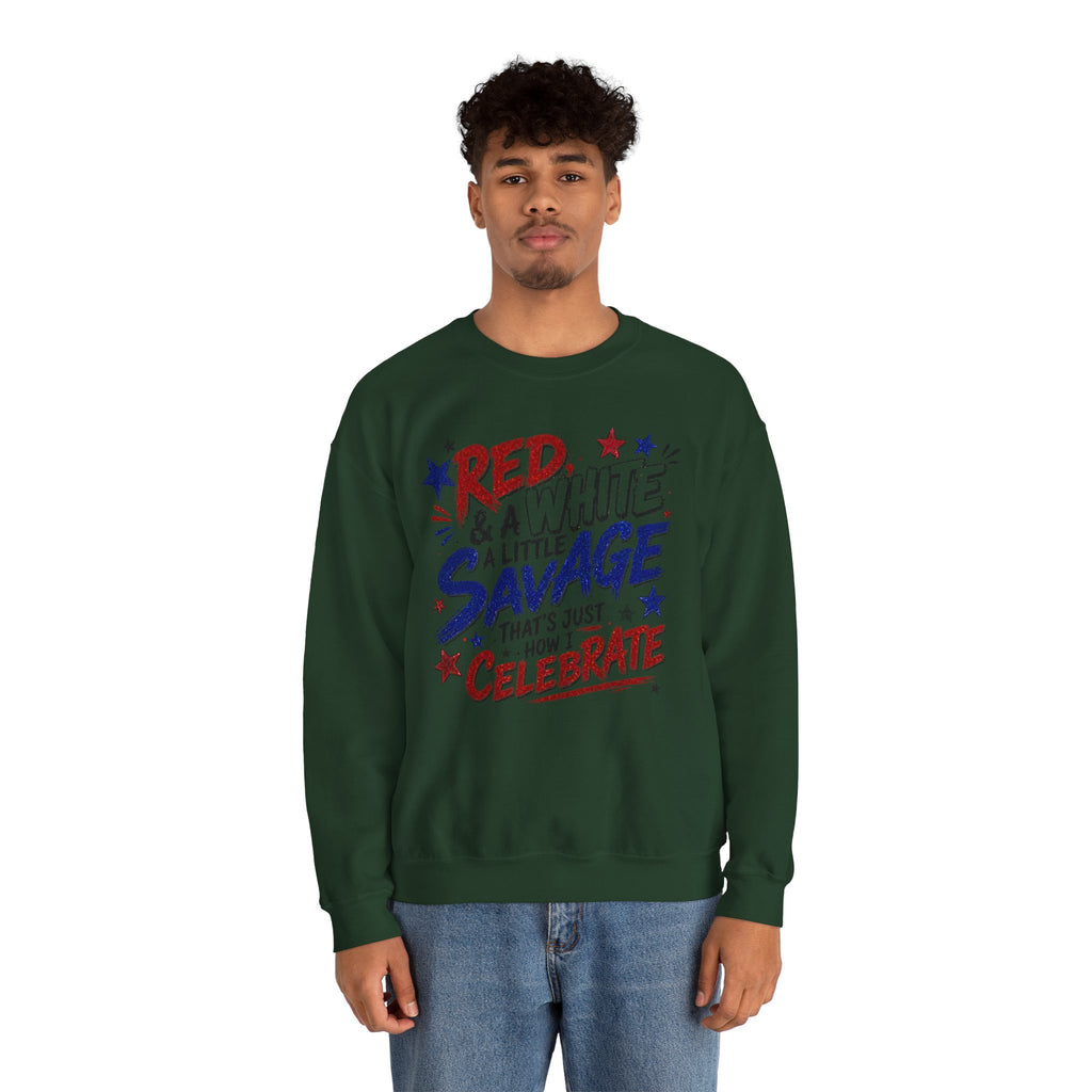Crewneck Sweatshirt — "Red & White & A Little Savage" Patriotic 4th of July Pullover