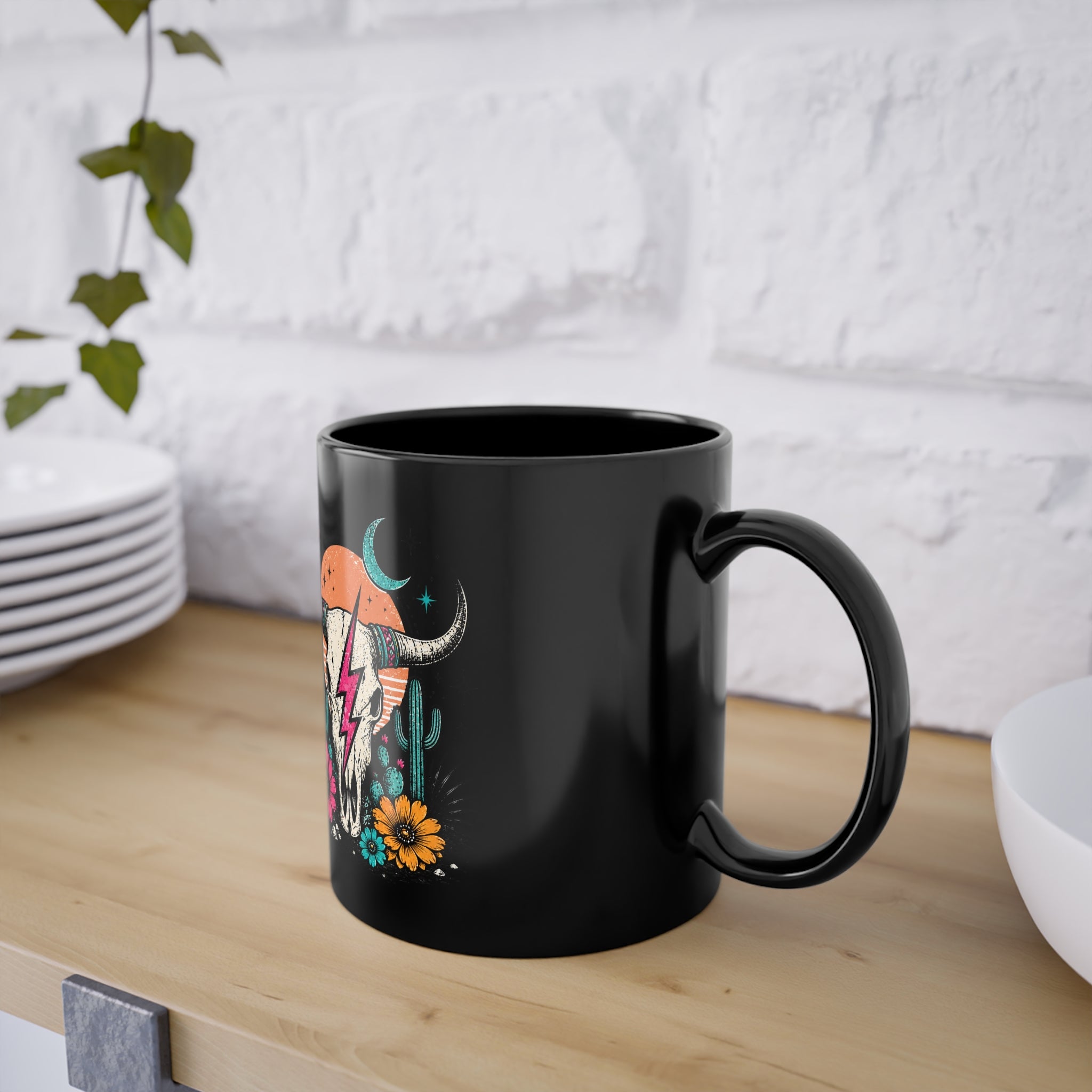 Desert Skull Floral Mug – Boho Southwestern Black Coffee Cup