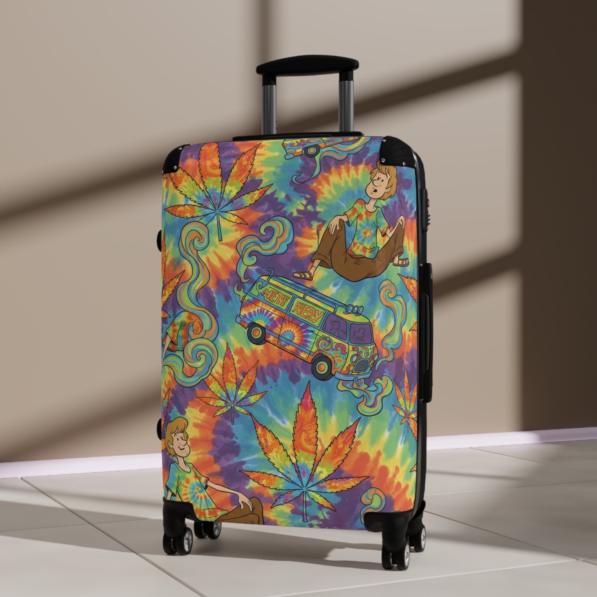 Tie-Dye Hippie Van Suitcase - Colorful Retro Cannabis Leaf Carry-On
