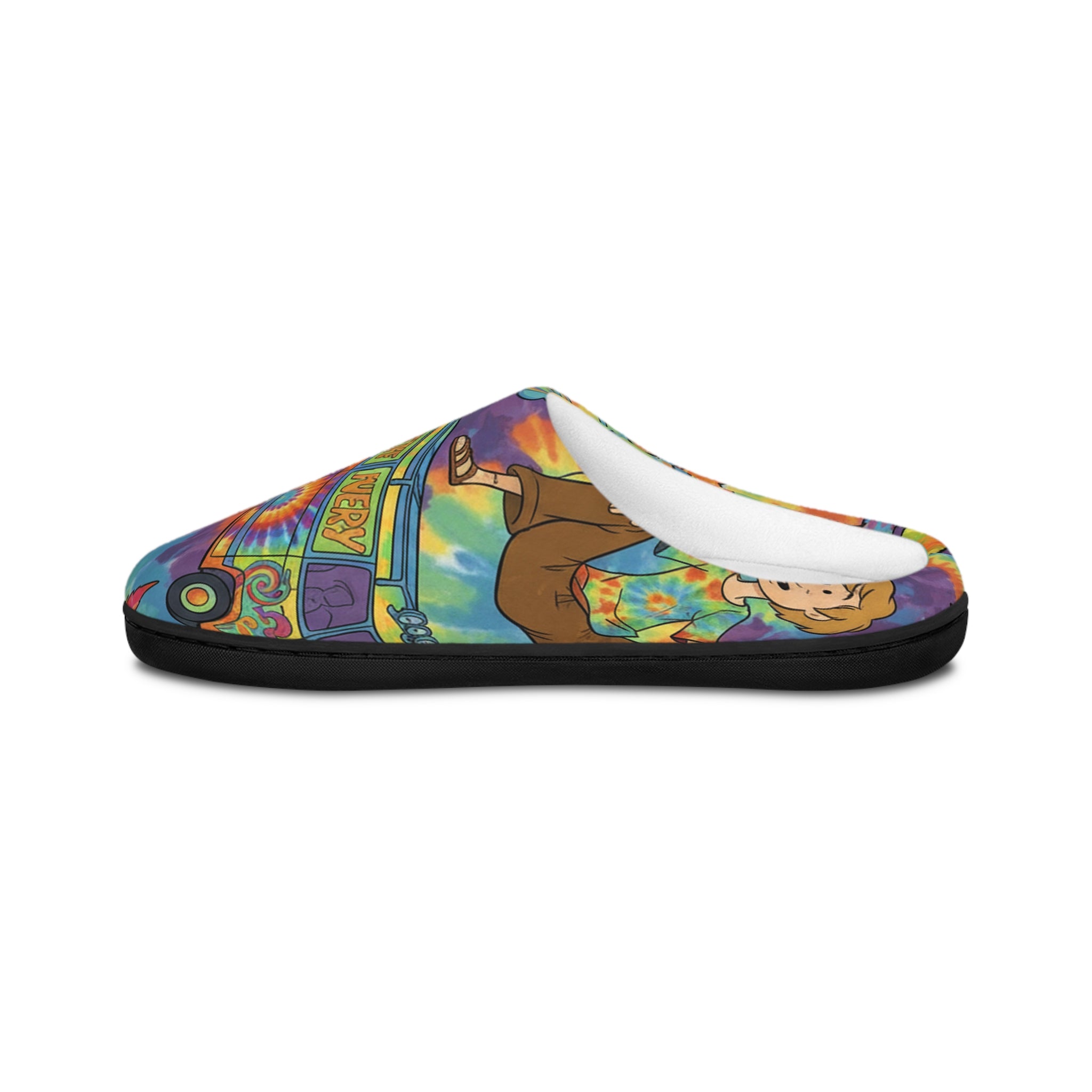 Psychedelic Tie-Dye Slippers — Colorful Retro Bus & Leaf Indoor Cozy