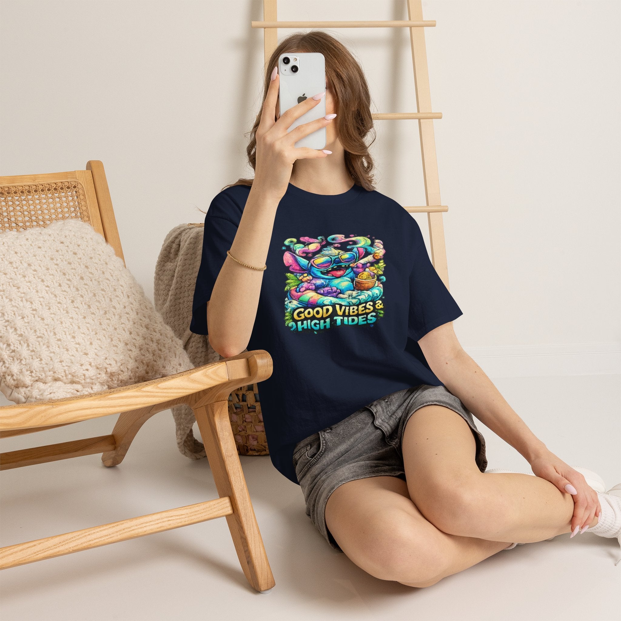 T-Shirt — "Good Vibes & High Tides" Colorful Surf Shark Graphic Tee