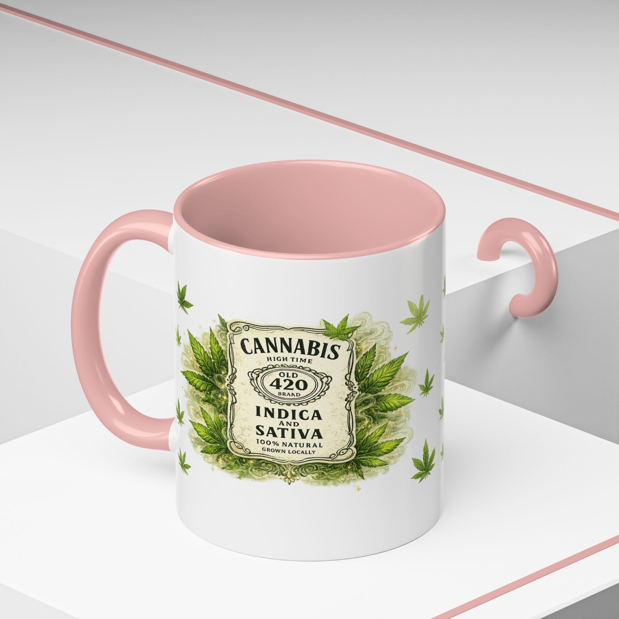 Cannabis 420 Accent Coffee Mug — Indica & Sativa Leaf Pattern (11/15oz)