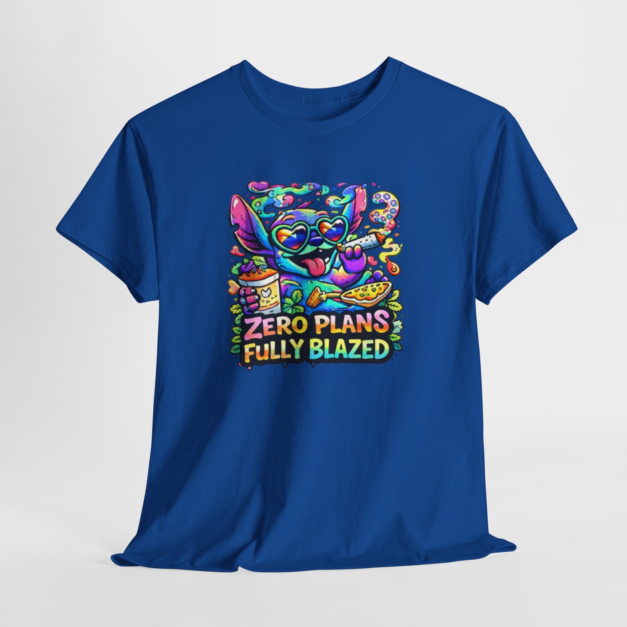Zero Plans Fully Blazed Tee — Colorful Stoner Cat Graphic T-Shirt