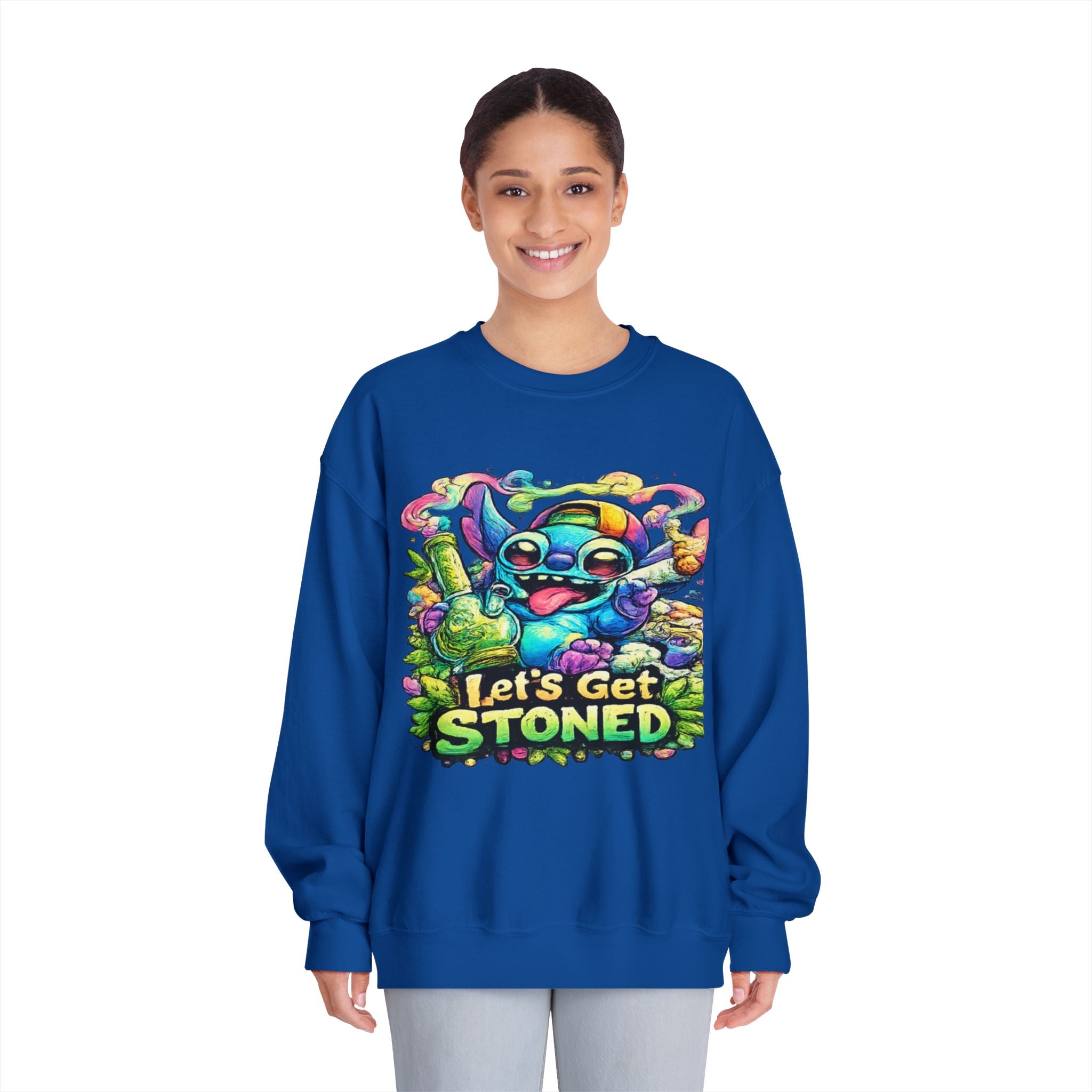 Let's Get Stoned Crewneck Sweatshirt – Colorful Psychedelic Alien Graphic