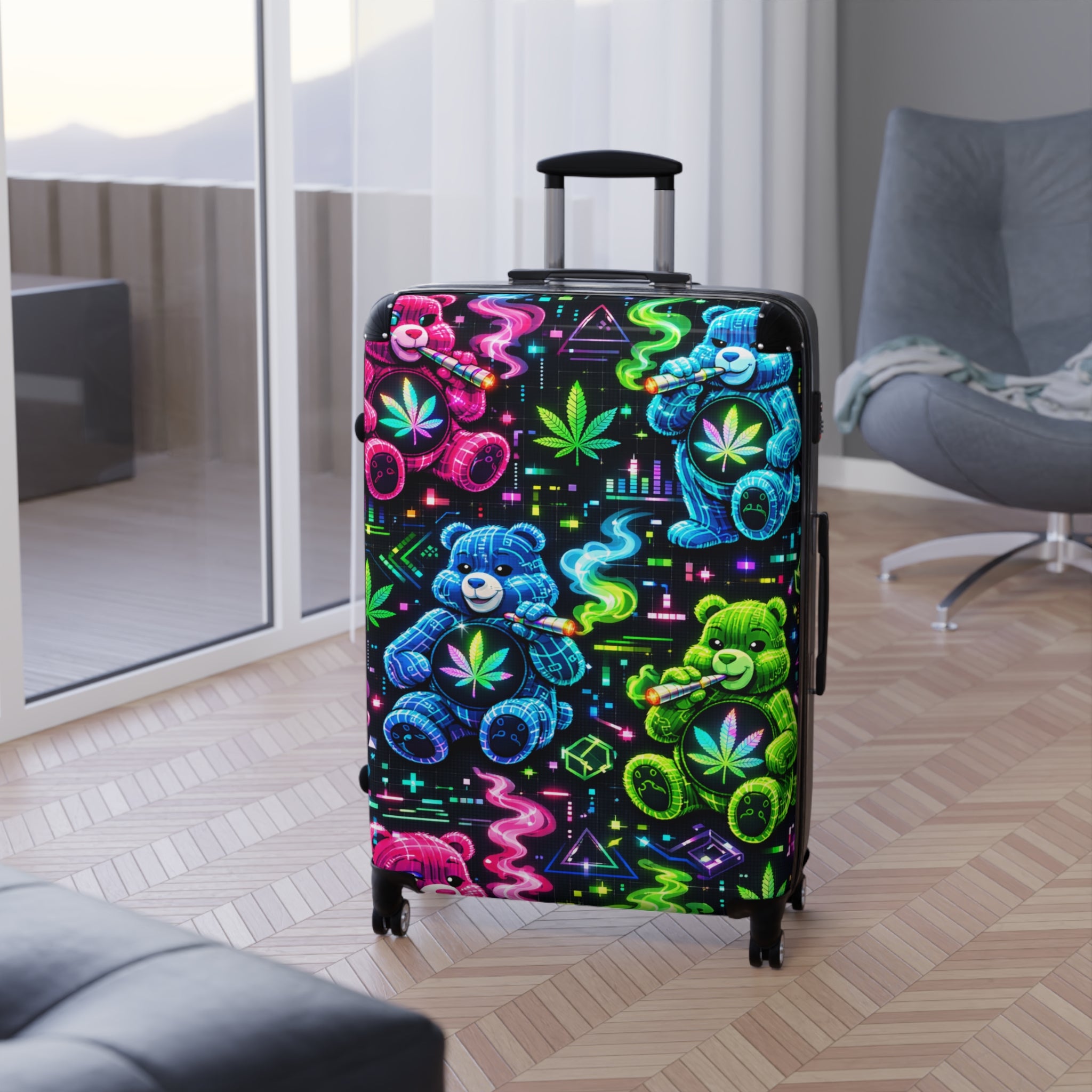Neon Teddy Cannabis Suitcase – Colorful Psychedelic Carry-On