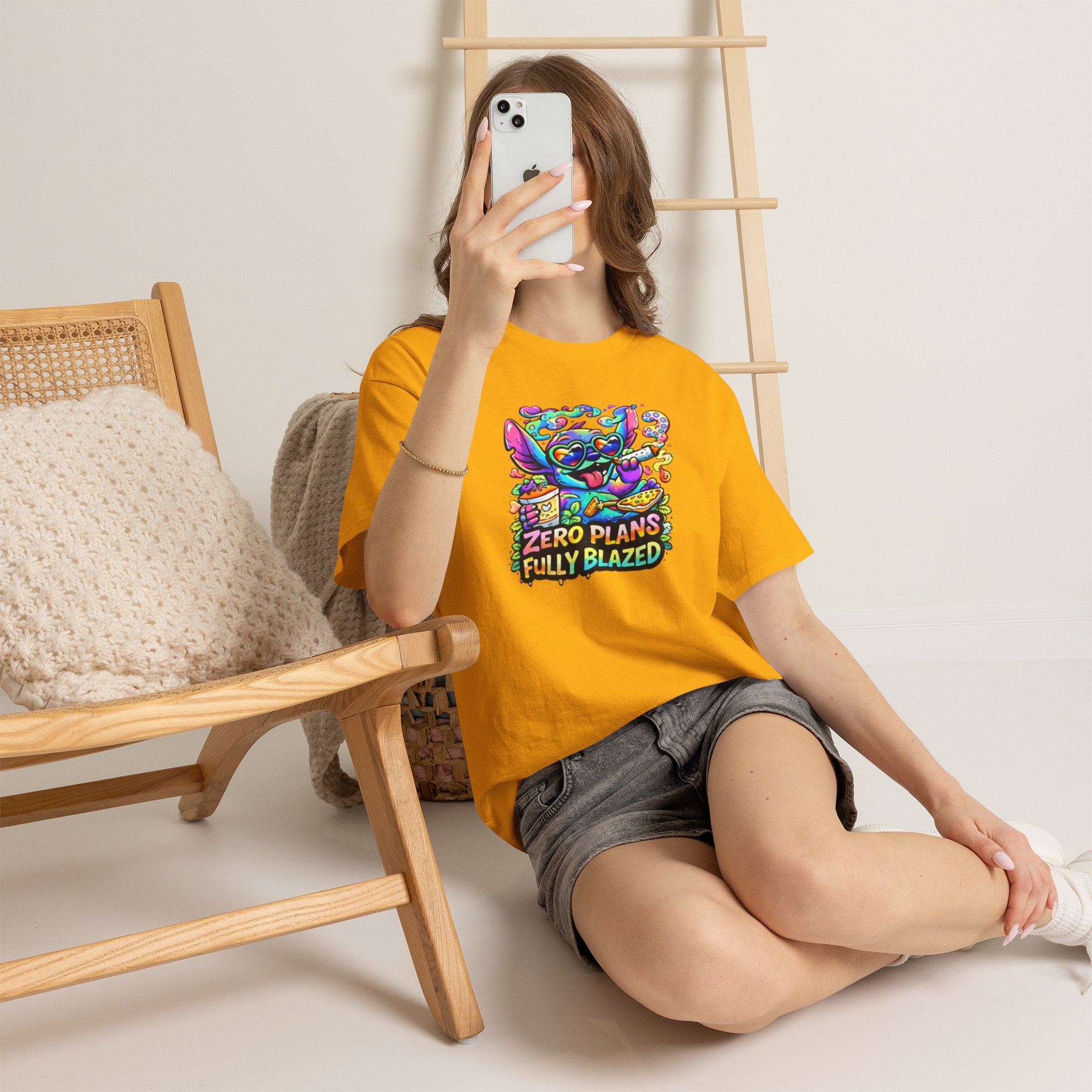 Zero Plans Fully Blazed Tee — Colorful Stoner Cat Graphic T-Shirt