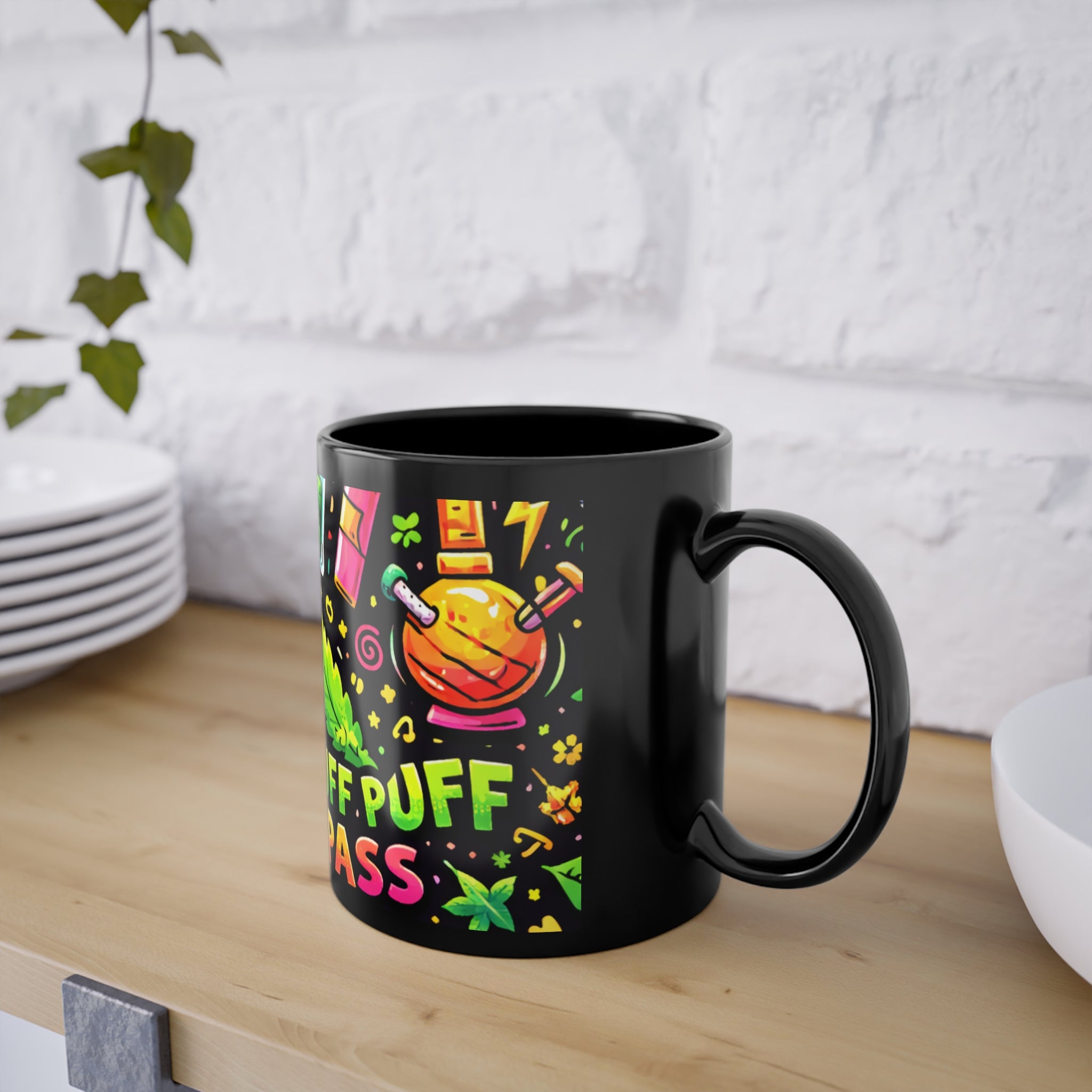 Puff Party Black Coffee Mug — 11oz Colorful Cannabis Doodles & 'Puff Puff Pass' Design