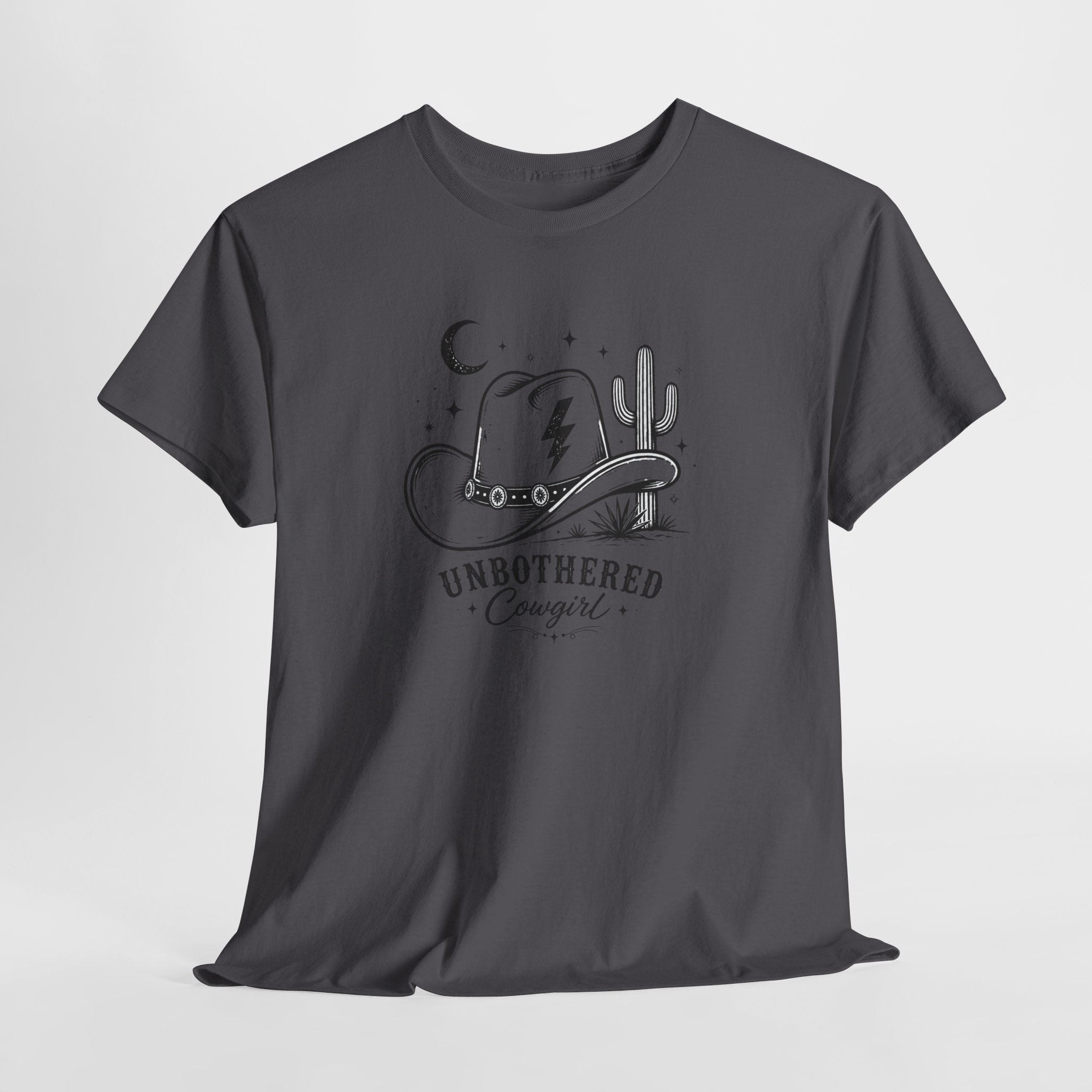 Unbothered Cowgirl Graphic Tee — Western Cowboy Hat & Cactus Design