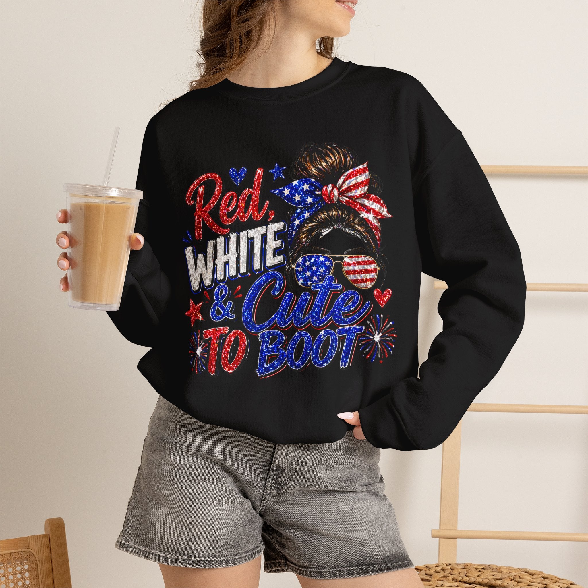 Crewneck Sweatshirt - "Red, White & Cute to Boot" Patriotic Women’s Graphic