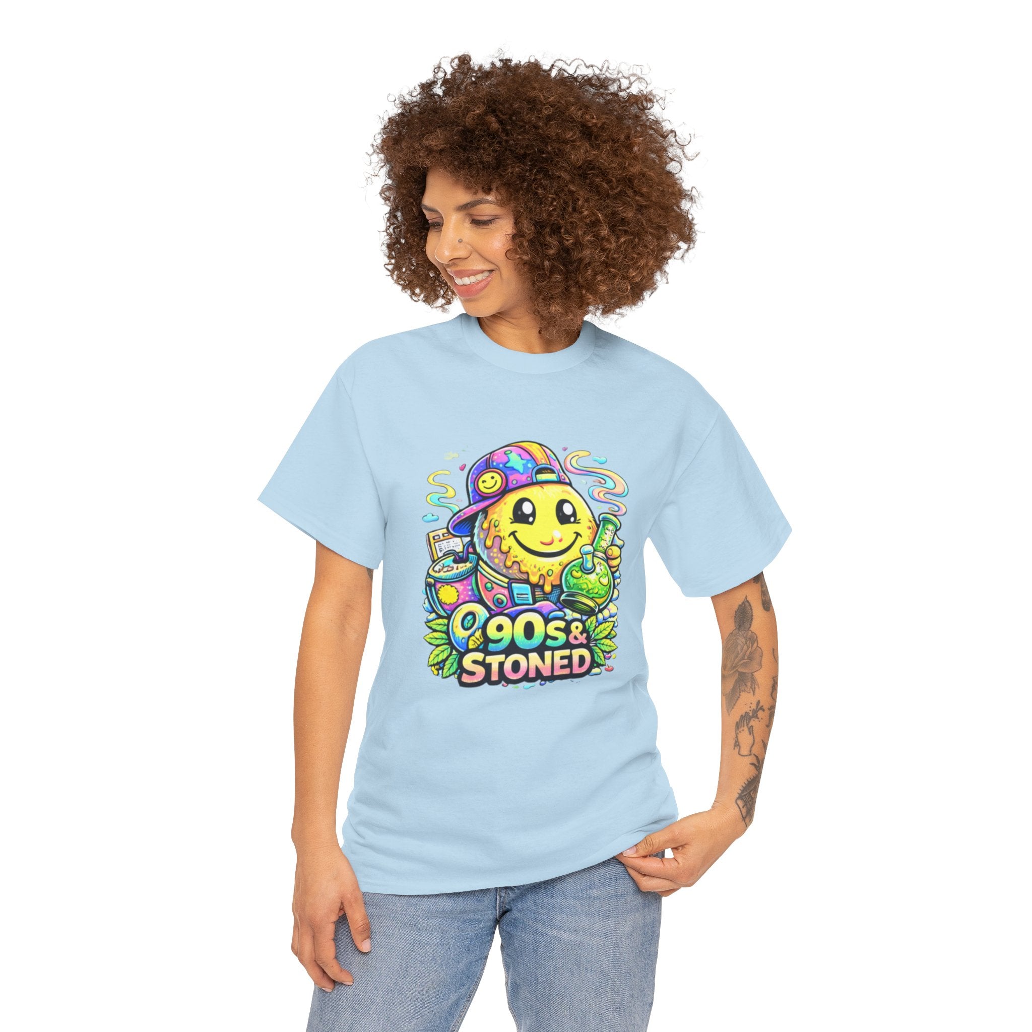 90s & Stoned Smiley Tee — Retro Vaporwave Cannabis Graphic T-Shirt