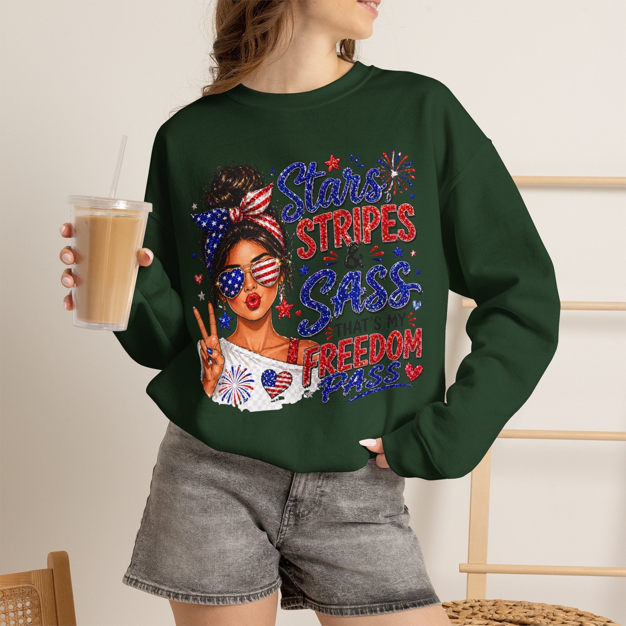 Patriotic 'Stars, Stripes & Sass' Crewneck Sweatshirt – 4th of July Freedom Pass Graphic