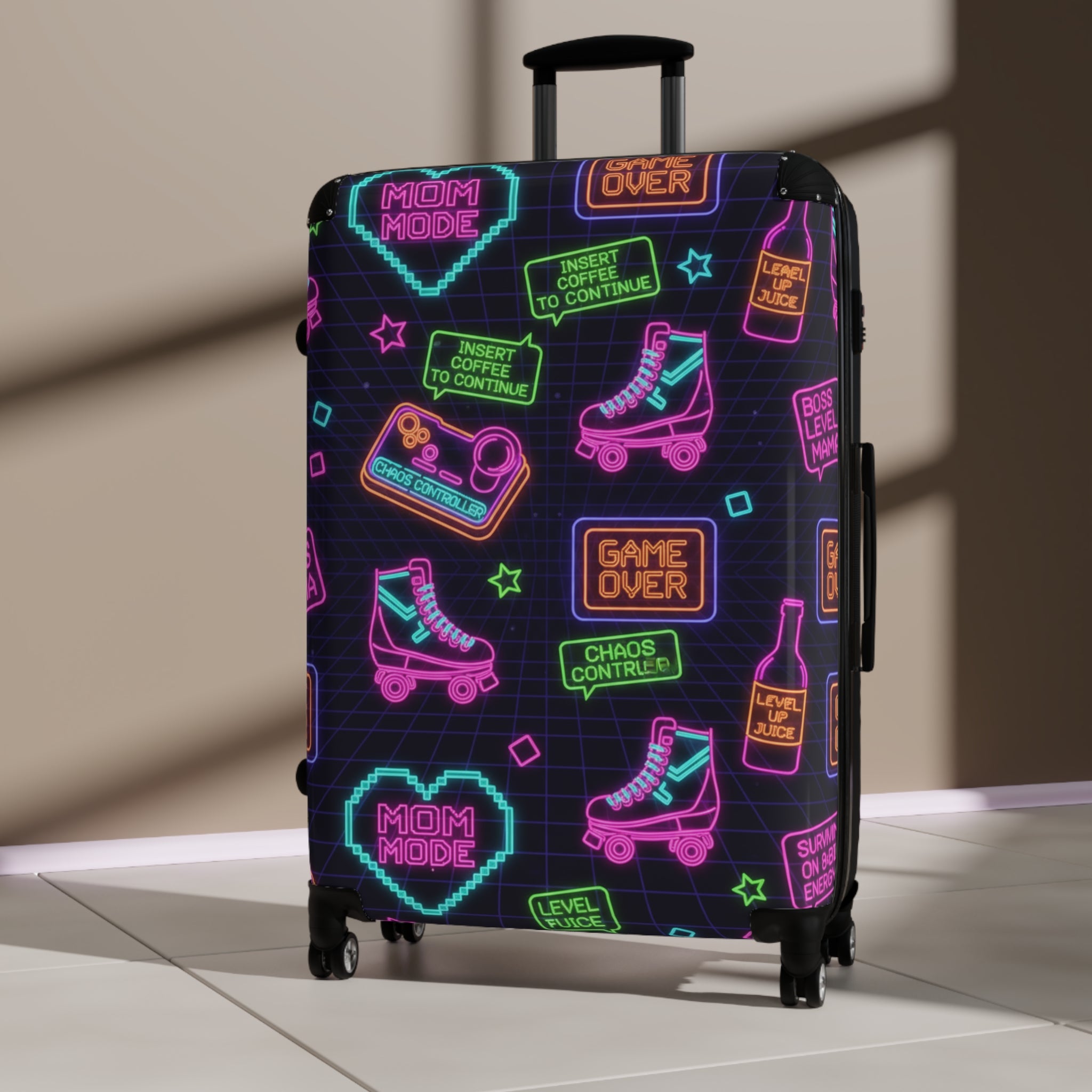 Neon Retro Arcade Suitcase – Roller Skates & Game Over Travel Luggage