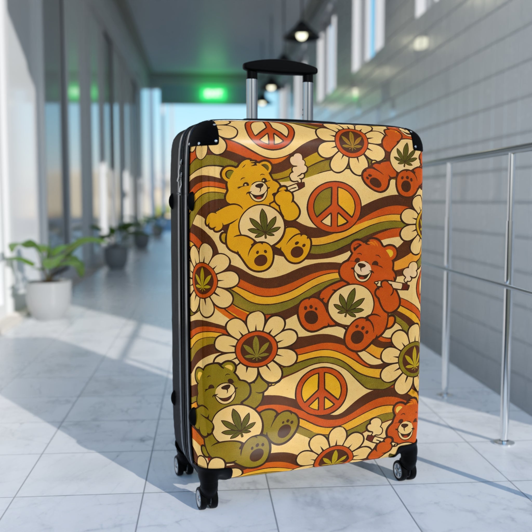 Retro Peace Bear Suitcase – 70s Floral & Peace Sign Luggage