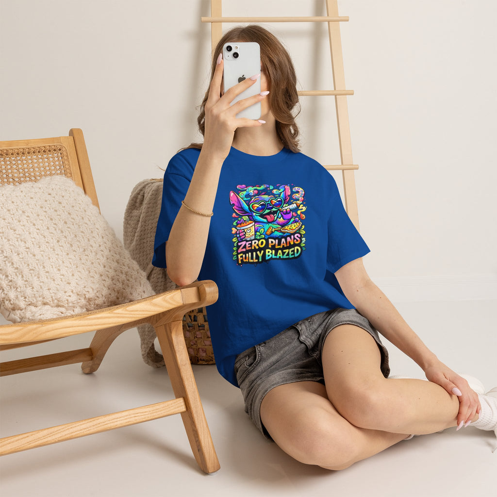 Zero Plans Fully Blazed Tee — Colorful Stoner Cat Graphic T-Shirt