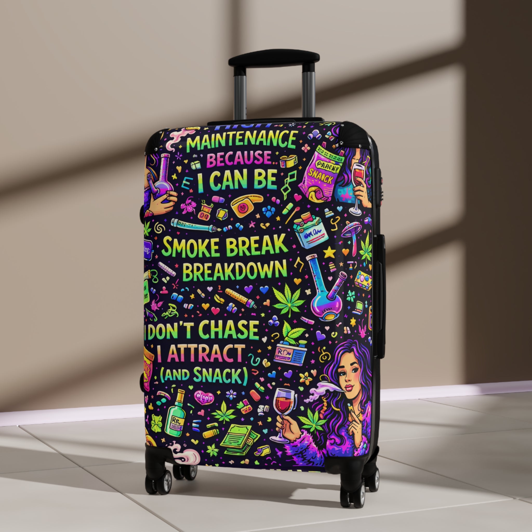 Suitcase — Colorful Cannabis Self-Care Carry-On: "Maintenance Because I Can Be" Travel Luggage