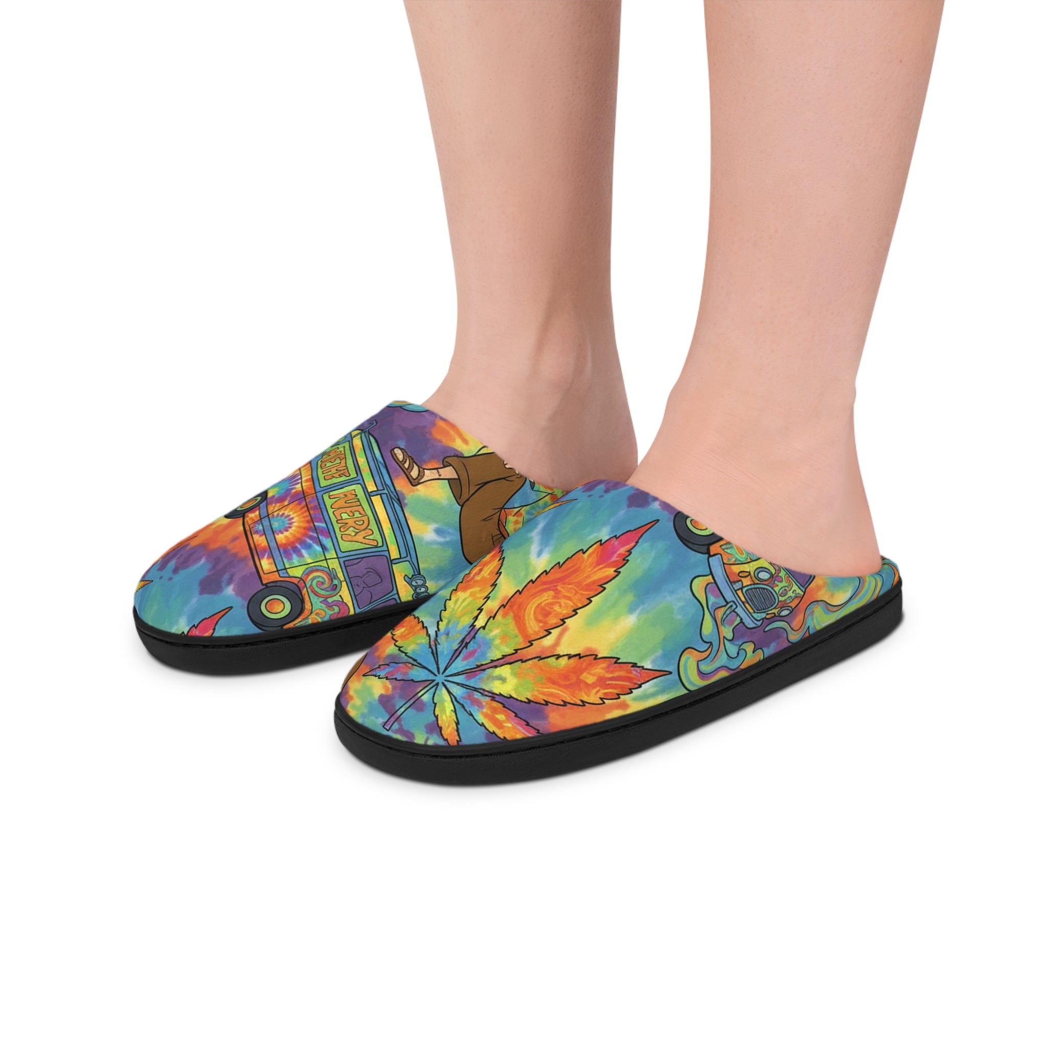 Psychedelic Tie-Dye Slippers — Colorful Retro Bus & Leaf Indoor Cozy