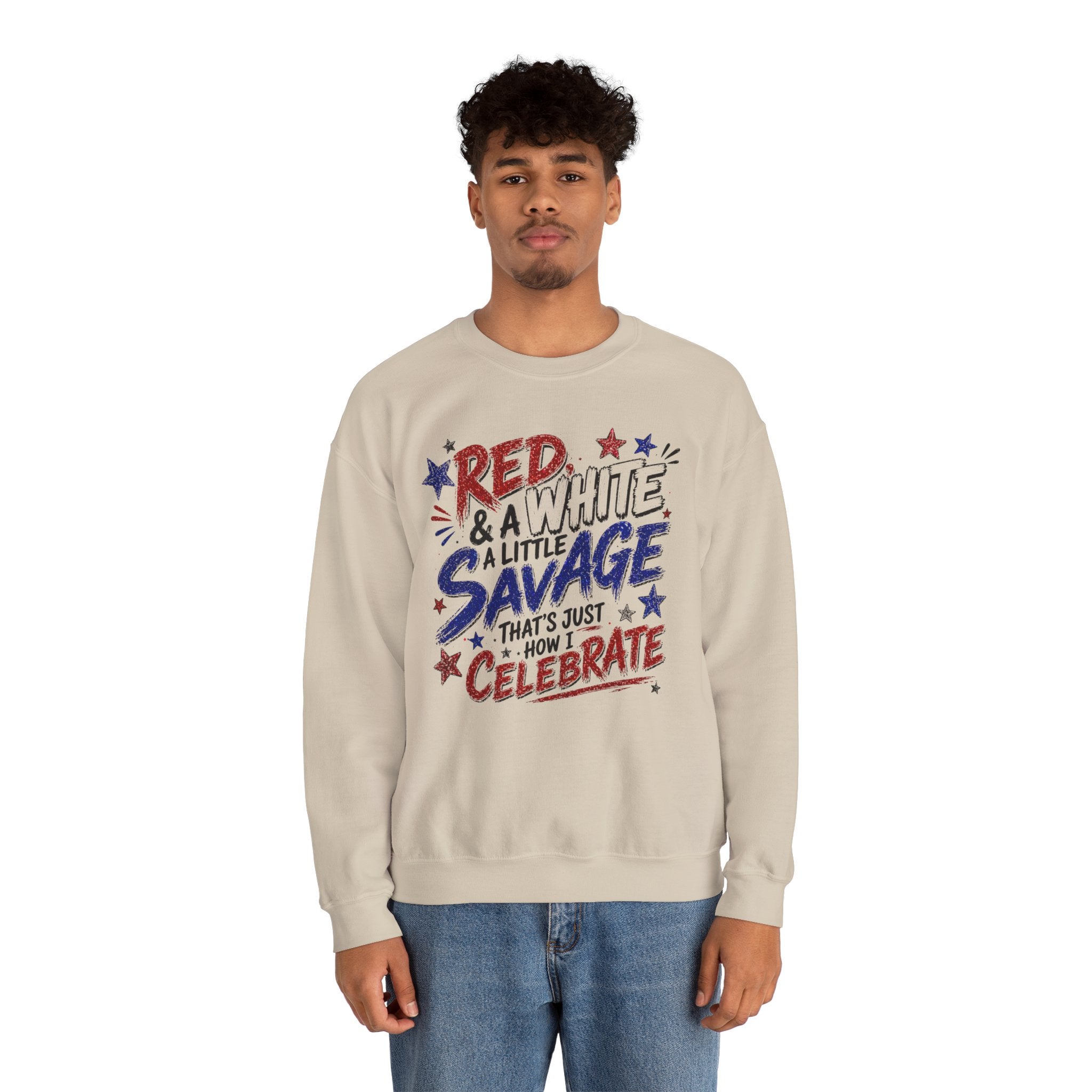 Crewneck Sweatshirt — "Red & White & A Little Savage" Patriotic 4th of July Pullover
